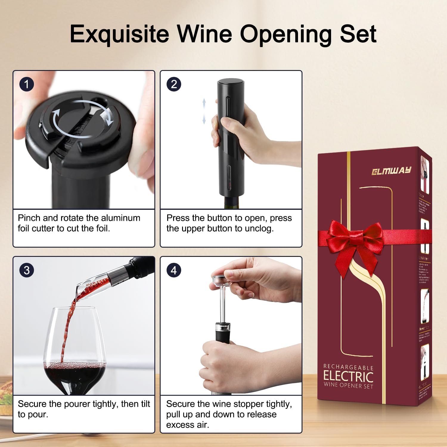 Electric Wine Opener Set, Rechargeable Wine Bottle Opener with Foil Cutter / 4 x Vacuum Stoppers/Premium Wine Aerator Pourer, Wine Corkscrew Remover, Automatic Wine Opener Gifts(Black) - Image 4