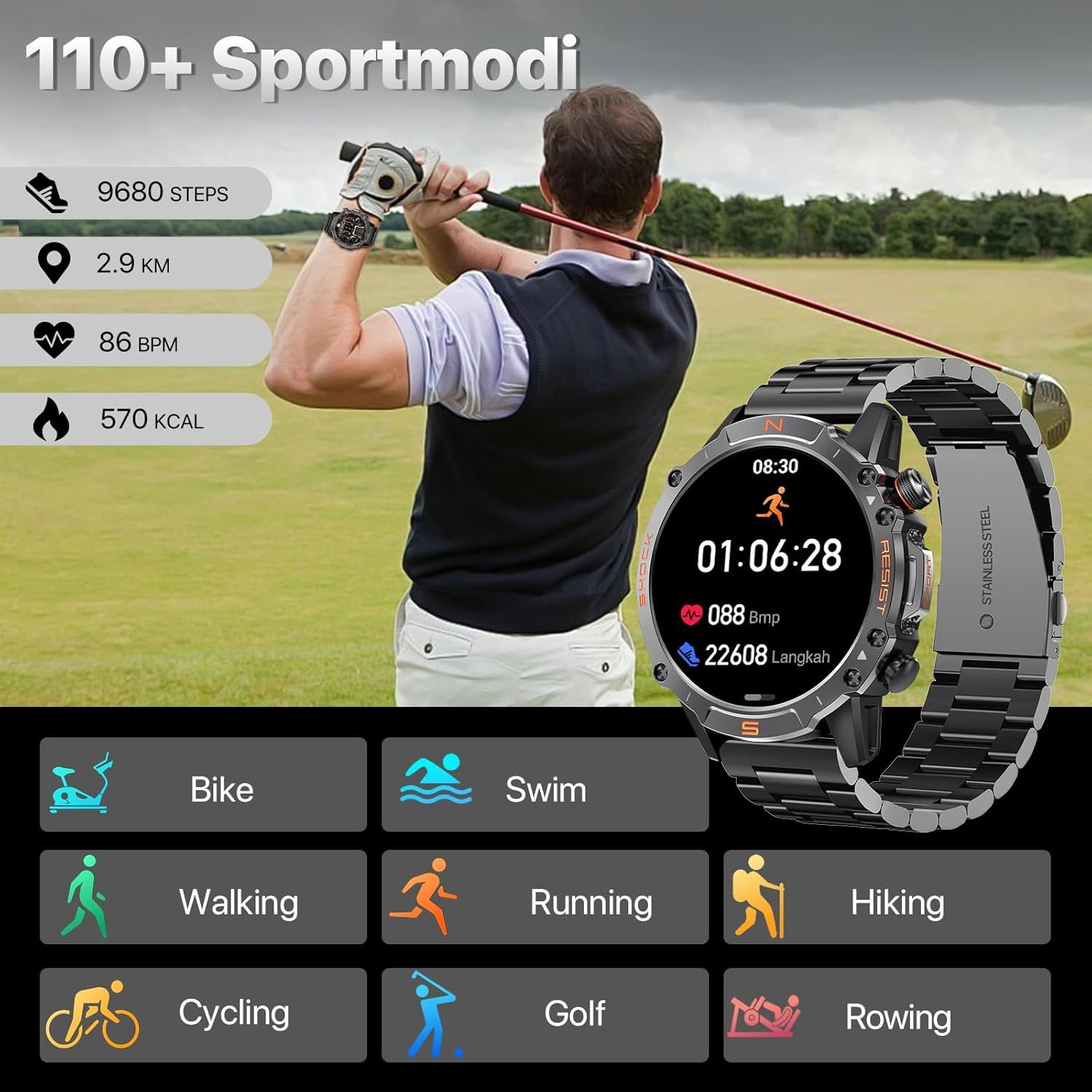 WalkerFit Smart Watch for Men- Answer/Dial Calls with 110 Sport Models,IP68 Waterproof Fitness Watch with Heart Rate Monitor,Android Smart Watch for iPhone Compatible, 1.43" AMOLED Display,Steel Black - Image 3