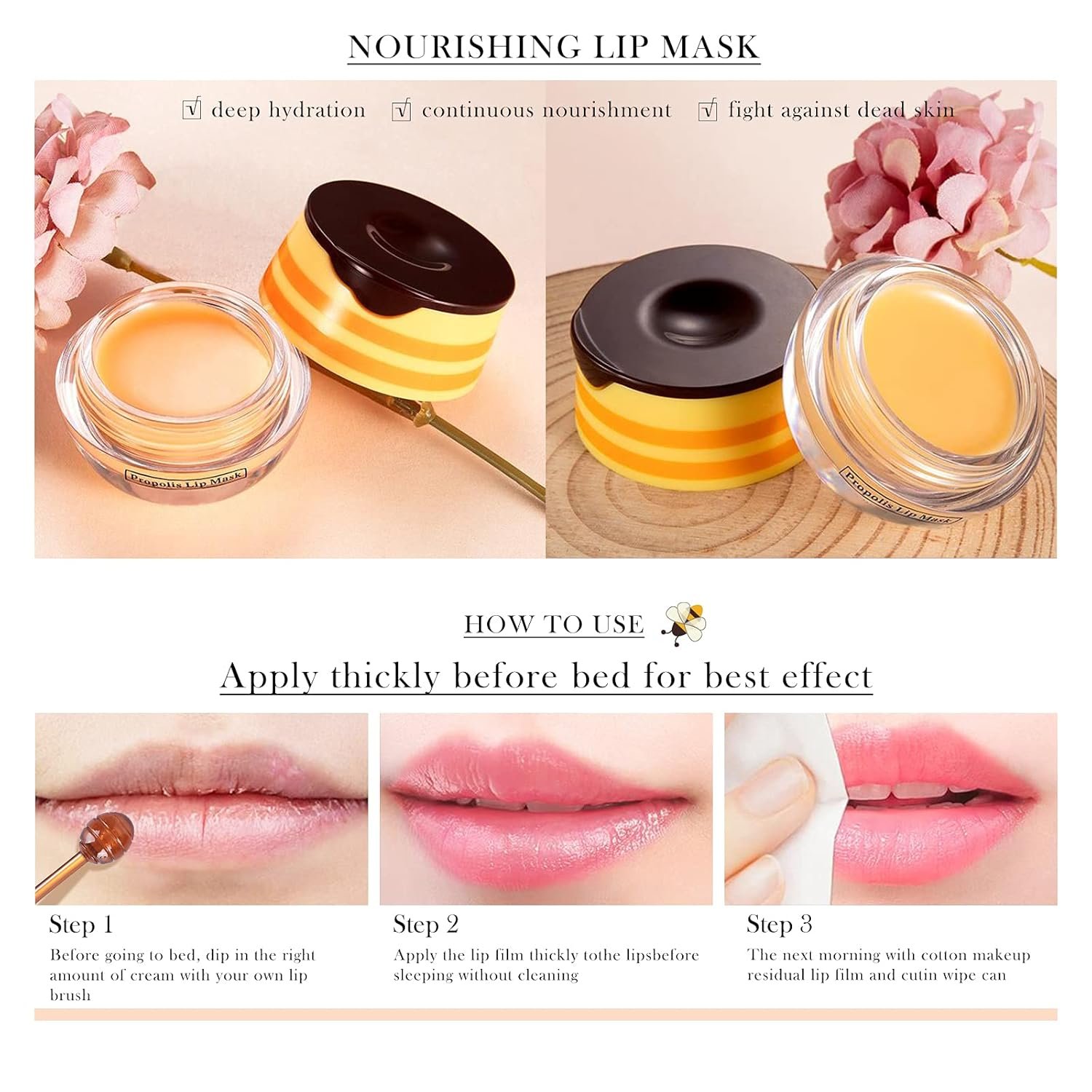 2Pcs Bee Lip Balm Honey Pot, Bee Honey Lip Sleeping Mask Overnight Repair Lip, Moisturizing Lip Mask Bee Lip Balm Pot with Wand, Hydrate Nourish Lips Lip Scrubs Exfoliator - Image 6