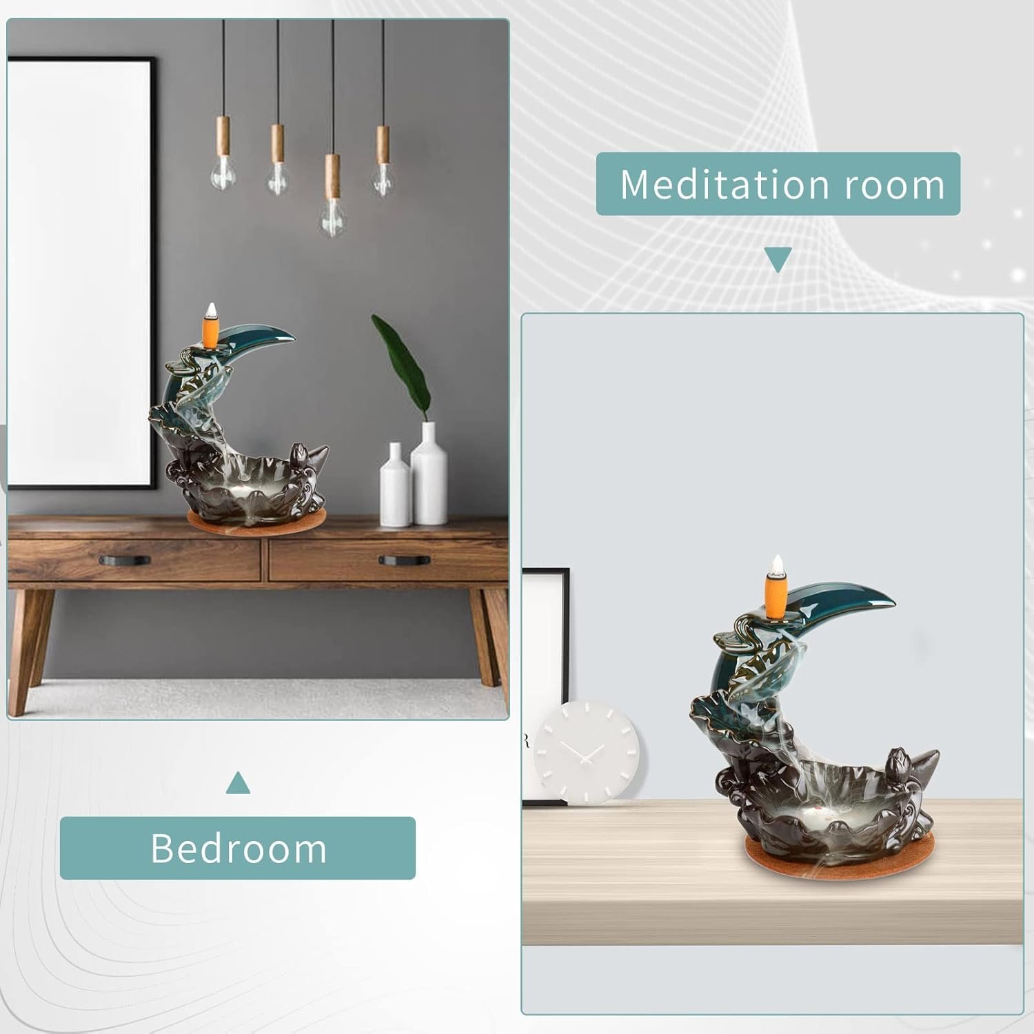 YYW Backflow Incense Holder Incense Burner Waterfall with 20 Incense Cones+30 Incense Stick,Lucky Fish Aromatherapy Ornament Home Decor (Moon and Fish) - Image 5