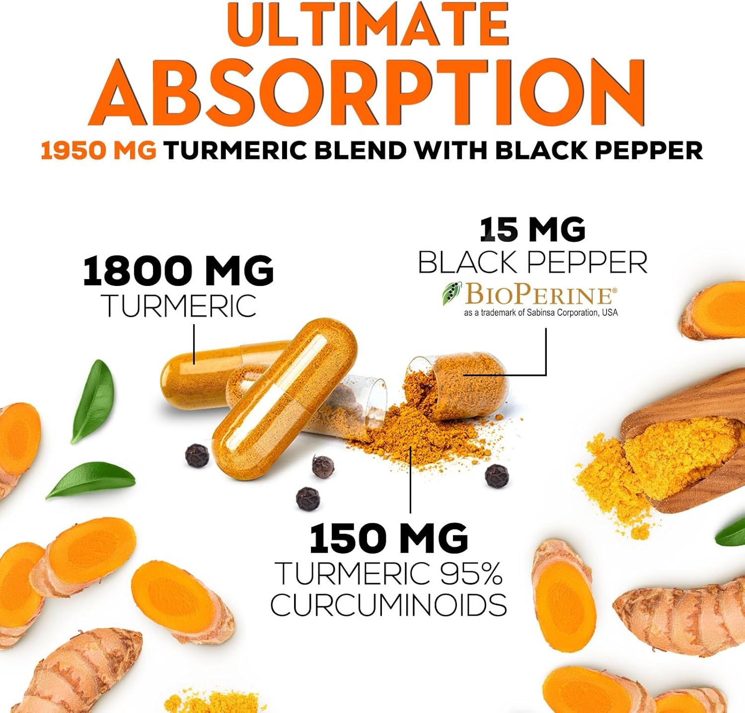 Turmeric Curcumin with BioPerine 1950mg, 95% Standardized Curcuminoids - Black Pepper for Advanced Absorption, Herbal Joint Support, Nature's Tumeric Extract Supplement Non-GMO - 180 Capsules - Image 8