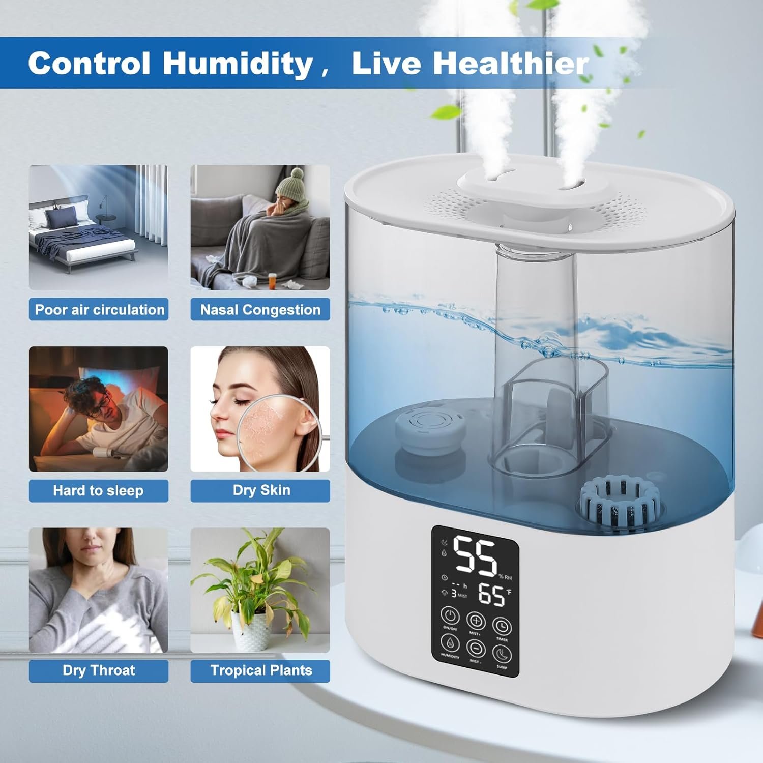 5L Humidifiers for Bedroom and Plants, Cool Humidifier for Baby and Plants Mist Top Fill Desk Humidifiers Essential Oil Diffuser, Quiet Humidifiers with Adjustable Mist,Auto Shut-Off,360°Nozzle-WT - Image 6