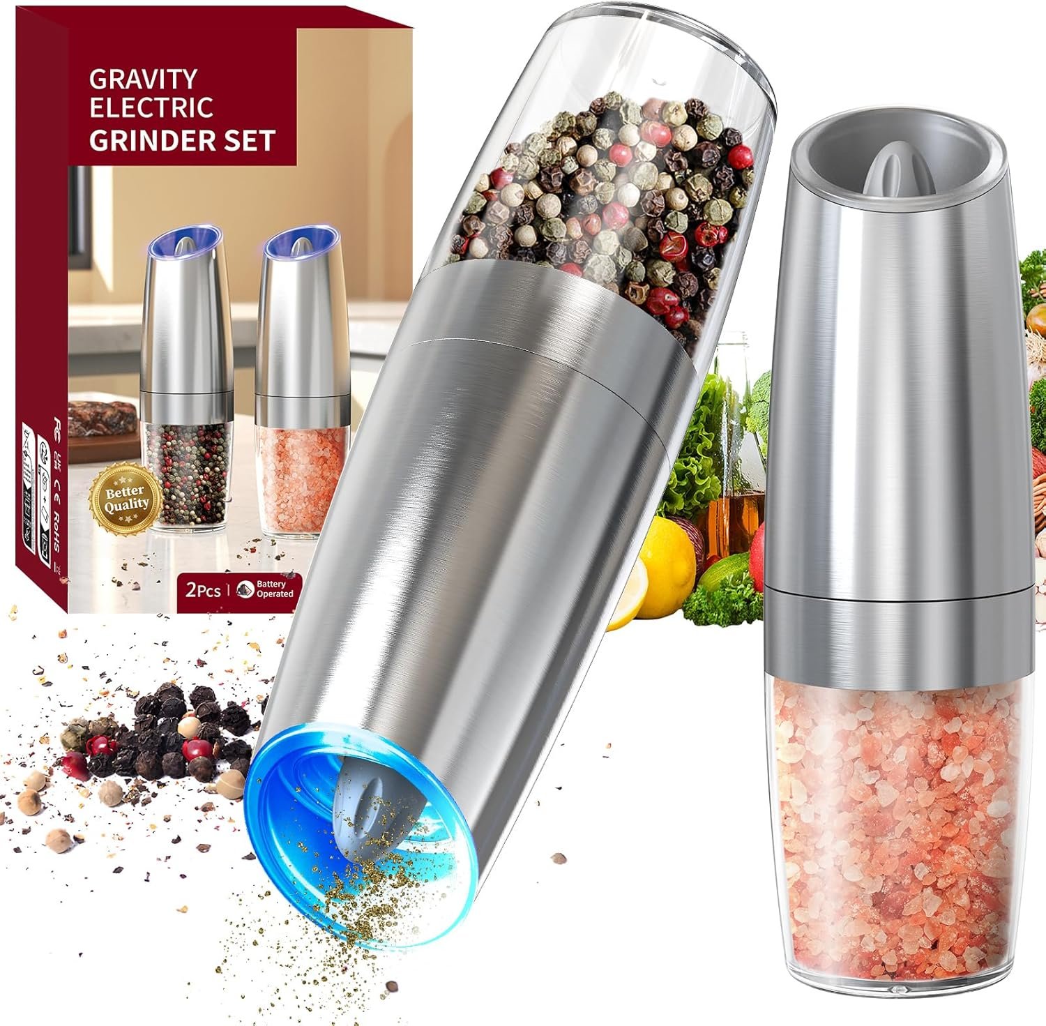 CIRCLE JOY Graviry Electric Salt and Pepper Grinder Set Automatic Stainless Steel Salt and Pepper Grinder Set, Battery Operated, LED Light, Adjustable Coarseness, for Home Kitchen BBQ, Silver - Image 2