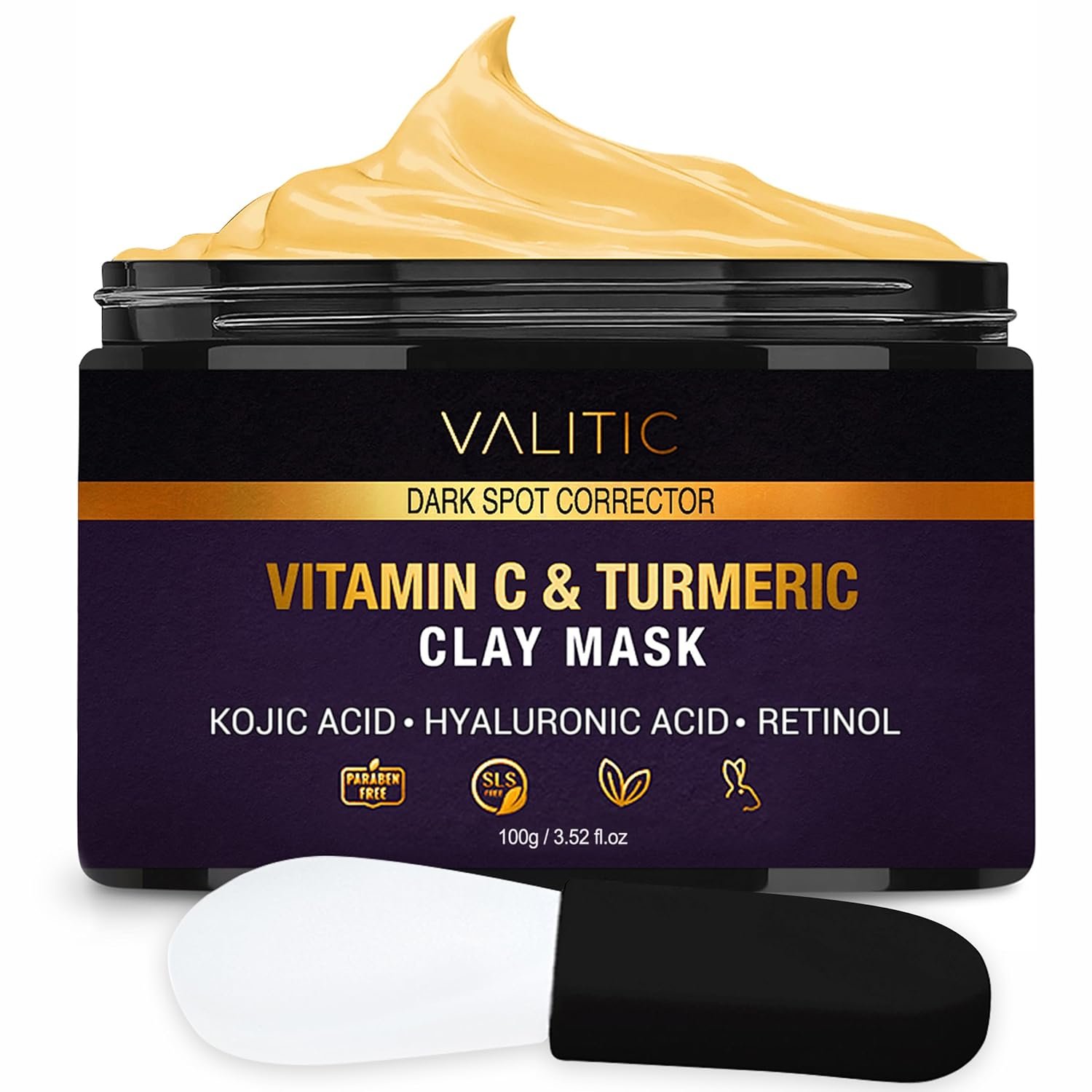 VALITIC Vitamin C & Turmeric Clay Mask - Dark Spot Corrector with Kojic Acid, Hyaluronic Acid & Retinol - Skin Care Routine for Minimizing Pores & Blackheads - with Applicator Brush - 100g - Image 2