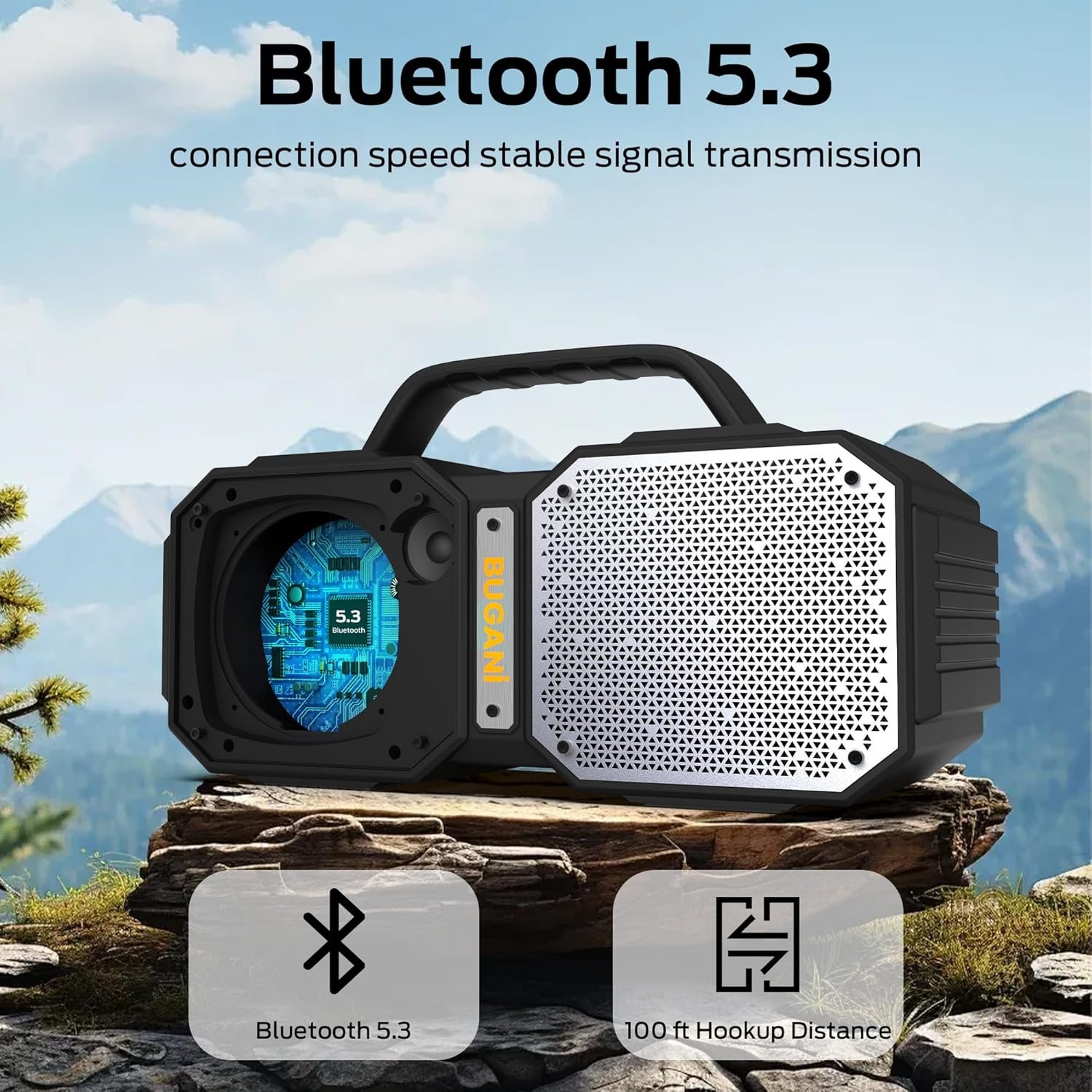 BUGANI Bluetooth Speakers, Shock Portable Bluetooth Speaker, Bluetooth 5.3, Waterproof, Wireless Speakers, 60W Super Power, Suitable for Family Gatherings and Outdoor Travel, Outdoor Speaker - Image 8