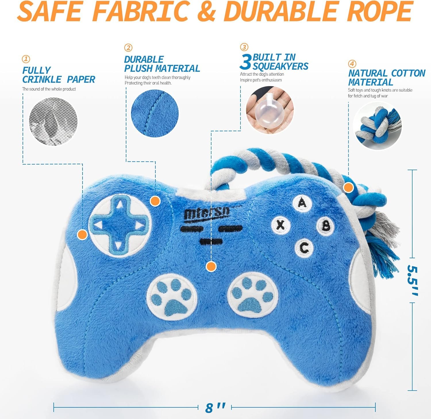 MTERSN Cute Squeaky Dog Toys : Blue Game Controller Plush Dog Toy and Funny Puppy Chew Toys with Full Crinkle Paper - Cool Dog Birthday Toys for Small, Medium and Large Dogs - Image 7