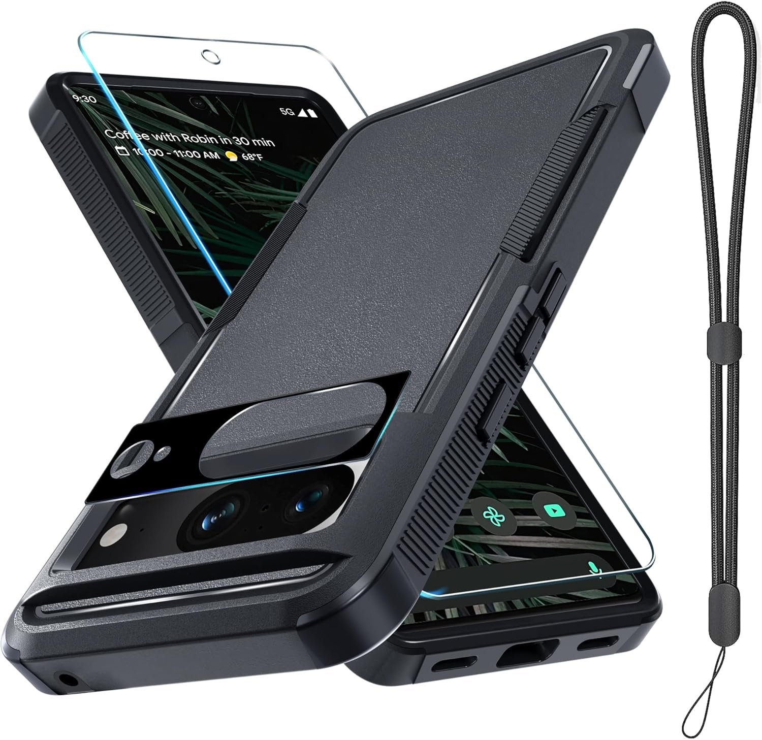 RMOCR Case for Google Pixel 8A, Full Body Heavy Duty Rugged Shockproof Protective Phone Cover with Lanyard Strap, Tempered Glass Screen Protector and Camera Lens Cover, Black Matte - Image 2
