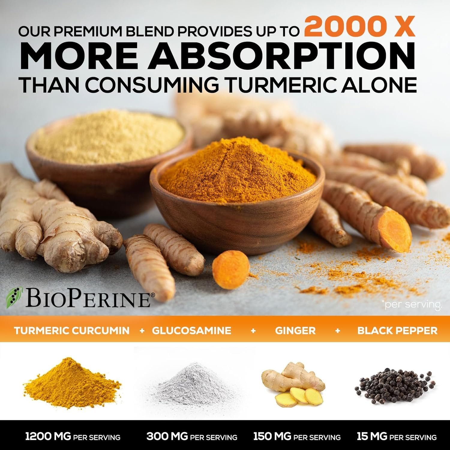 Turmeric Curcumin with BioPerine, Ginger & Glucosamine 95% Curcuminoids 2000mg Black Pepper for Max Absorption Joint Support, Nature's Tumeric Herbal Extract Supplement, Vegan, Non-GMO - 240 Capsules - Image 7