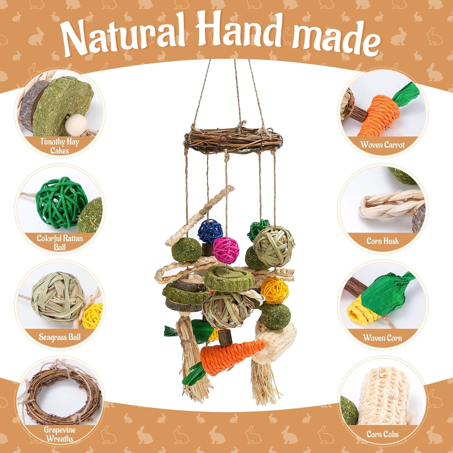 Rabbit Chew Toys for Teeth, Bunny Cage Hanging Chew Toys and Treats for Rabbits, Rattan Ring with Snacks for Guinea Pigs Hamsters Chinchillas Rats Gerbils and Other Small Pets Teeth Grinding - Image 5