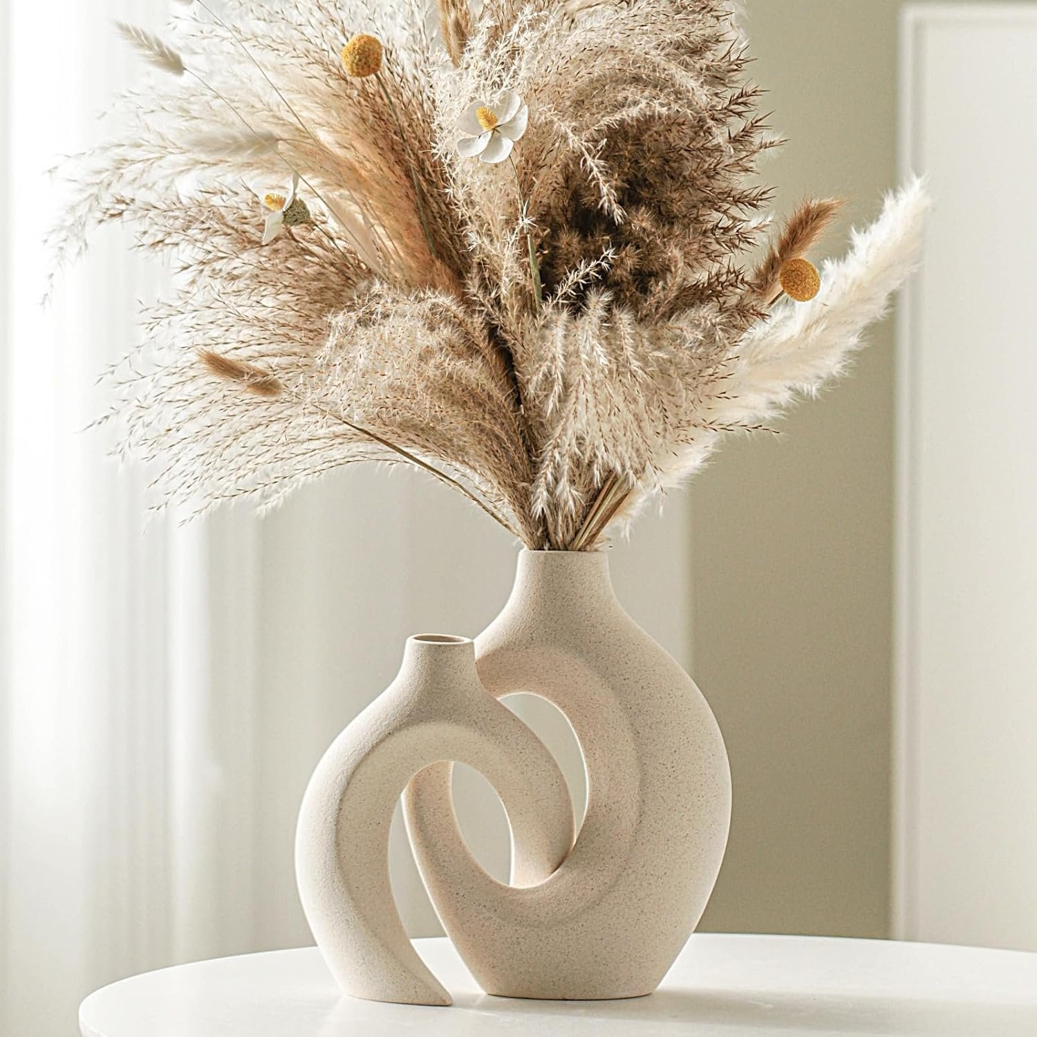 Snuggle Hollow Ceramic Vase Set of 2, Nordic Modern Boho ins Style Decorative Ceramic Aesthetic Flower Vase for Home Decor (Milky White W 6.3" X H 8.4") - Image 2