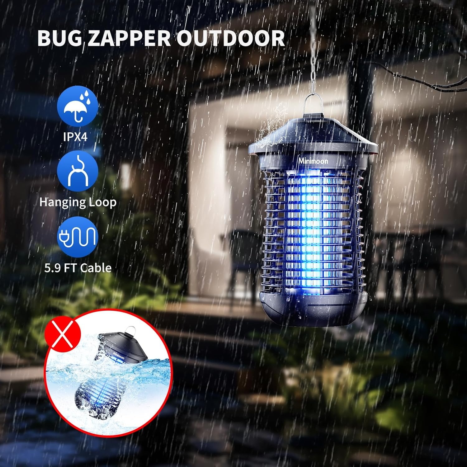 Minimoon Bug Zapper Outdoor 4000V Electric Mosquito Zapper Plug-in Fly Zapper with 18w Replaceable Bulb,5.9 FT Power Cord, Fly Traps Outdoor for Backyard Patio Balcony Garage - Image 6