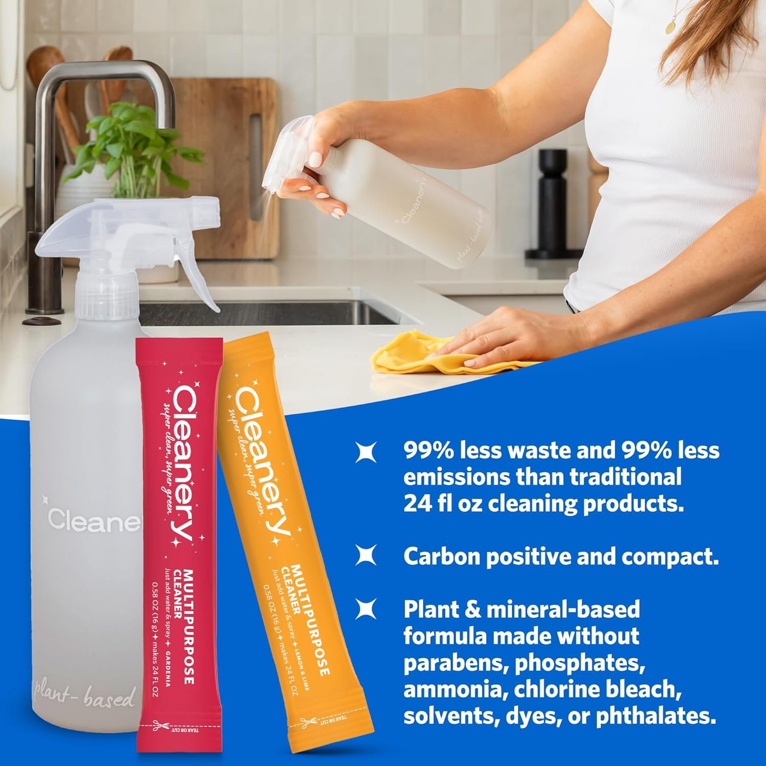 All-Purpose Cleaner Refill Powder Concentrate 4pk & Reusable Plant-Based Bottle (24oz) for Household, Kitchens, Bathrooms, Tiles, Stone, Cruelty Free, Gardenia & Lemon Lime Scents - Image 4