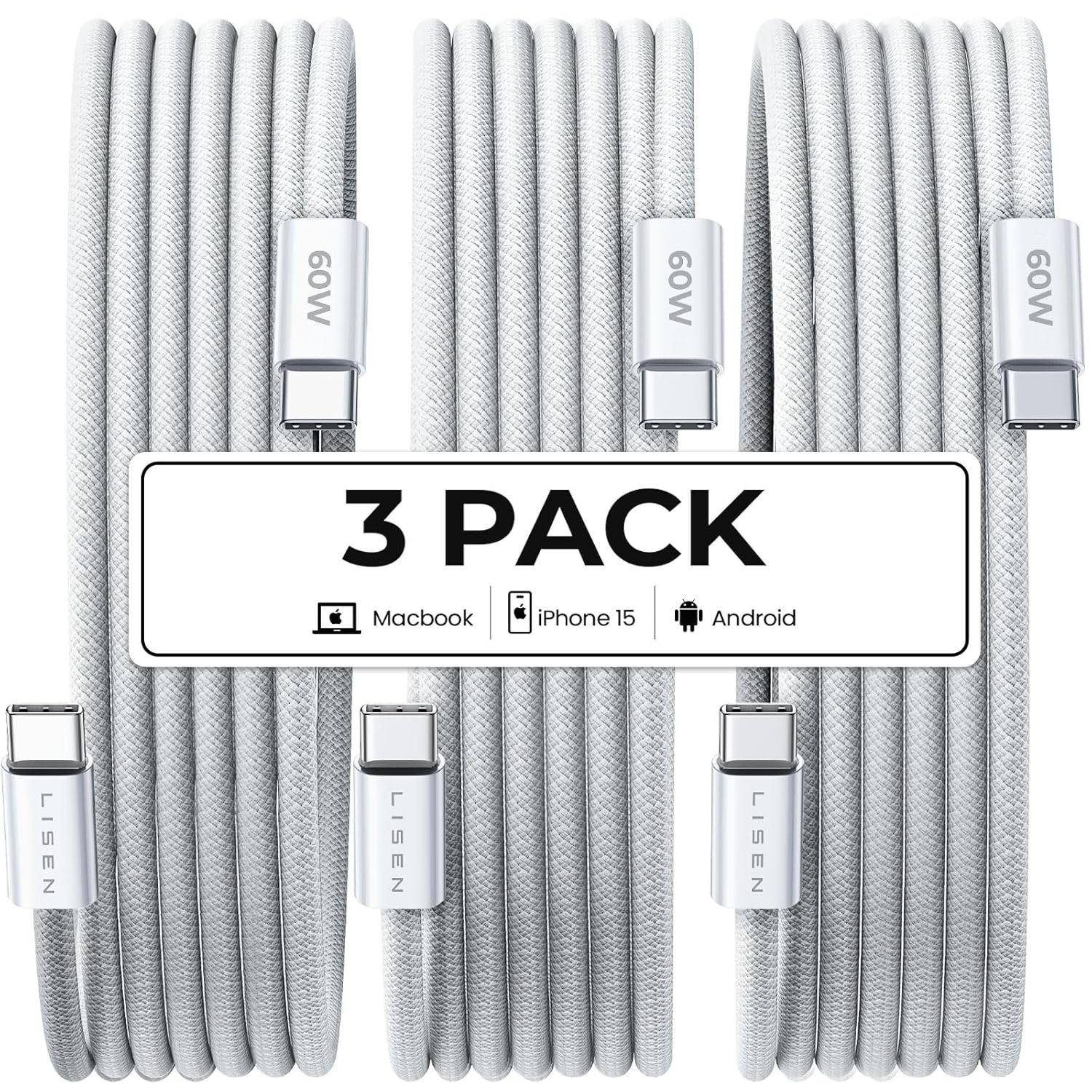 LISEN for iPhone 16 15 USB C to USB C Fast Charging, 60W USB C Cable Type C Fast 4 in 1 Charging Cable for iPhone 16 15,Samsung S24 S23 iPad Pro 13 12.9 11 inch, iPad Air 5,White 3Pack 6FT - Image 2