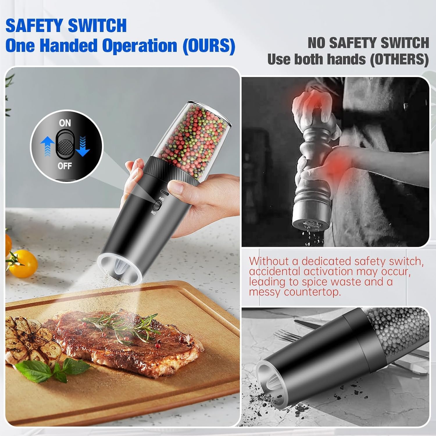 Upgraded Gravity Electric Salt and Pepper Grinder Set Rechargeable Electric Pepper Grinder With Adjustable Coarseness, LED Light, No Battery Needed, 4.6oz Refillable, One Hand Operation, Black, 2-Pack - Image 3