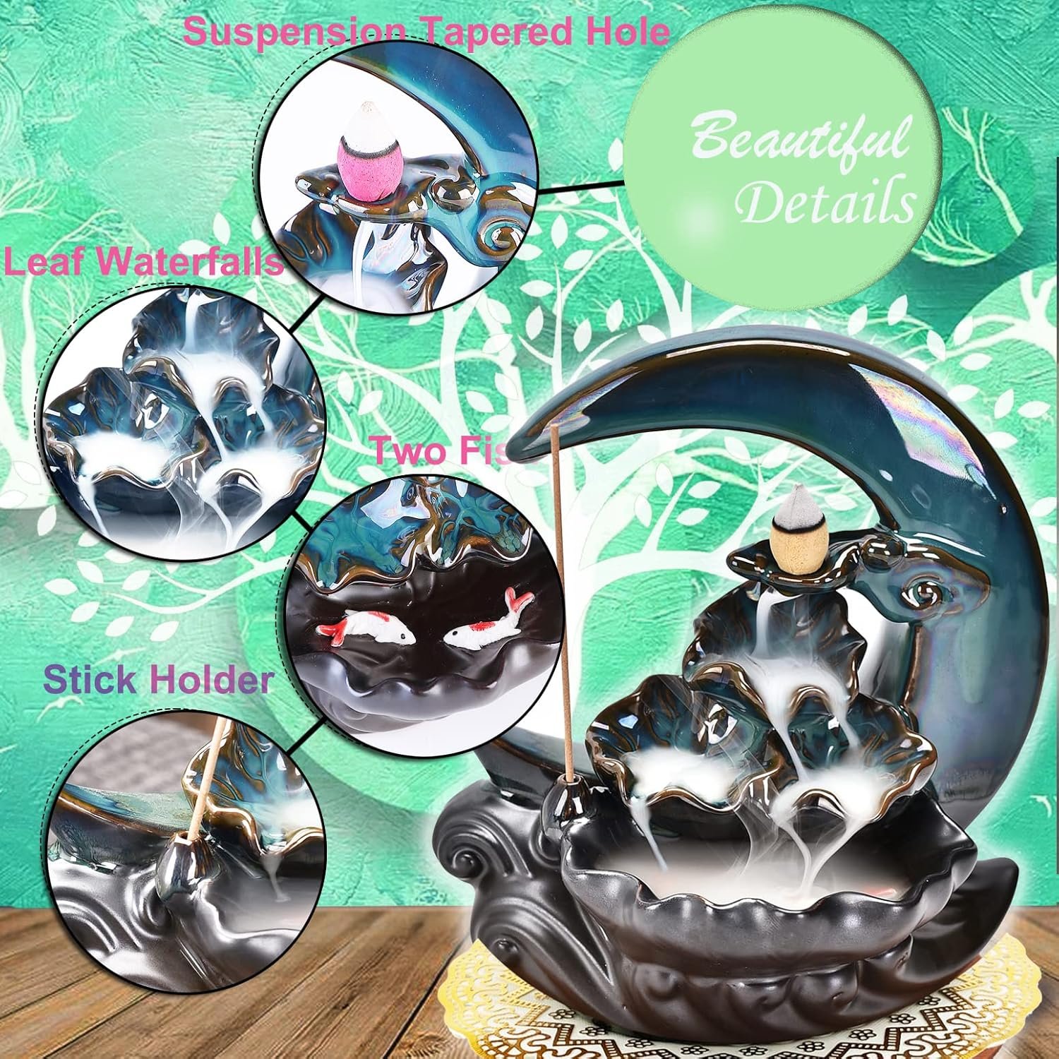 New Moon Backflow Incense Holder, Ceramic Hand-Made Incense Fountain Burner with 100 Backflow Incense Cones,Fragrance Incense Stick,mat,Aromatherapy Home Decoration - Image 4