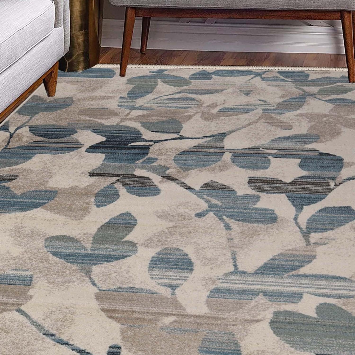 SUPERIOR Indoor Large Area Rug, Leaf and Vine Modern Throw, Decor for Bedroom, Living Room, Kitchen/Dining, Office, Entryway, Hardwood Floor, Jute Backed, Mahonia Collection 8'x10', Cream-Blue - Image 3