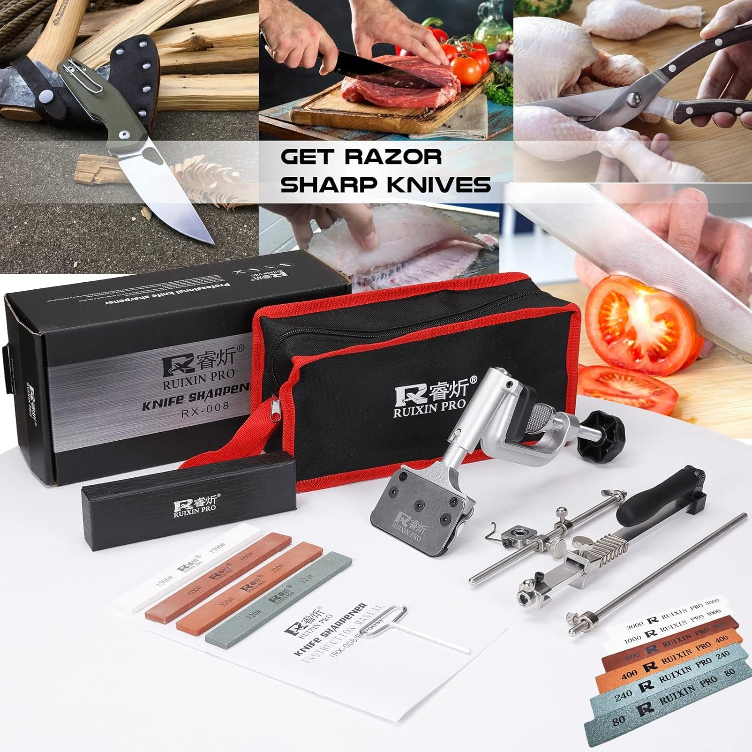 RUIXIN PRO RX-008 Kitchen Knife Sharpener System with 10 Whetstones, 360° Rotation Flip Design, Fixed Angle Stainless Steel Professional Chef Knife Sharpening Kit Fine Grinding Polishing Tool - Image 9