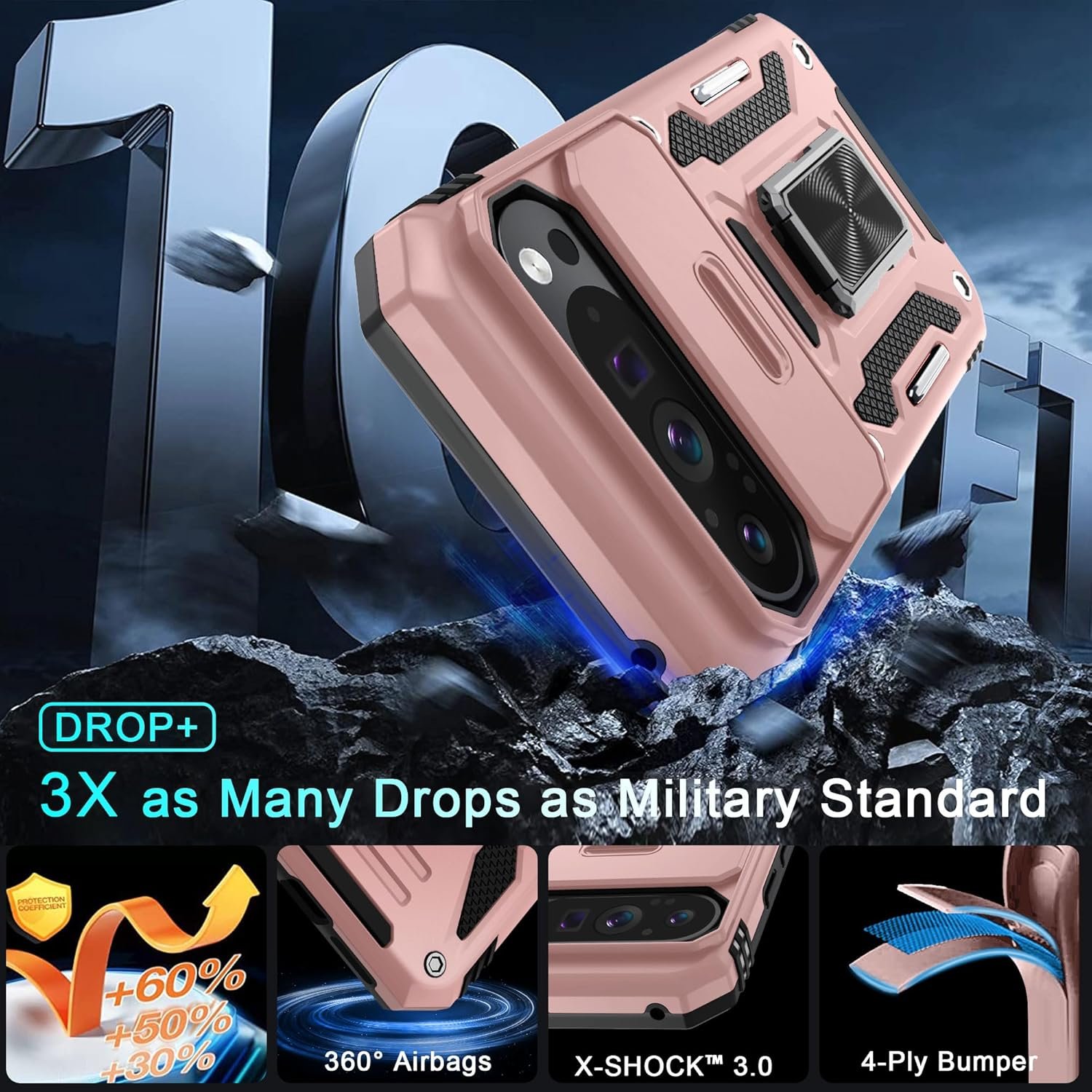 DEERLAMN Case for Google Pixel 9 Pro XL with Slide Camera Cover+Screen Protector(1 Pack), Rotated Ring Kickstand Military Grade Shockproof Protective Cover-Rose Gold - Image 4