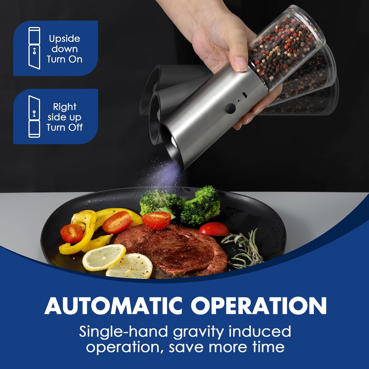 Vzaahu Gravity Electric Pepper and Salt Grinder Set of 2 - Rechargeable, Refillable, Adjustable Coarseness, Stainless Steel Salt Pepper Mill with LED light - One Hand Operation (Sliver) - Image 4