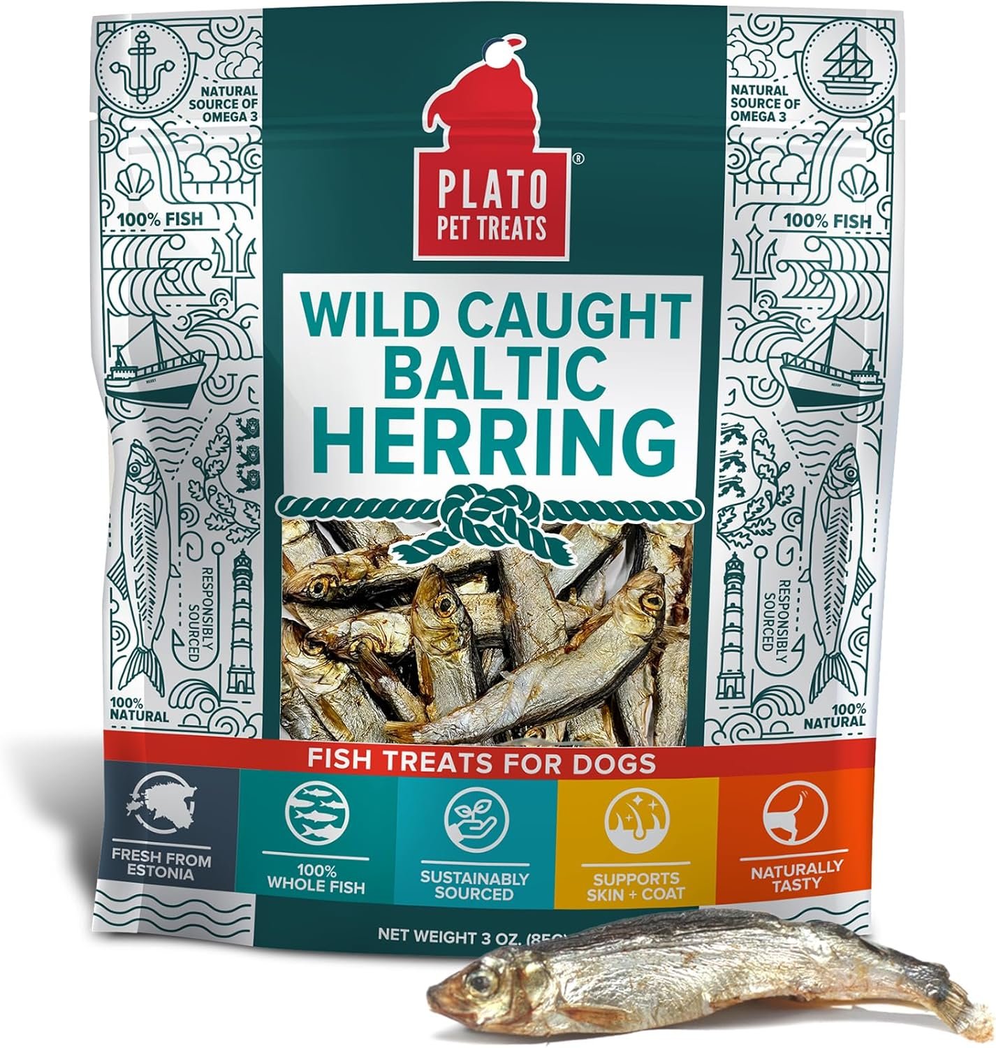 PLATO Pet Treats Fish Dog Treats - Air-Dried, Single Ingredient Dog Treat - with Omega 3 & 6 Fatty Acids to Support Skin and Coat - 100% Whole Fish - Wild Caught Baltic Herring Dog Treats - 3oz - Image 2
