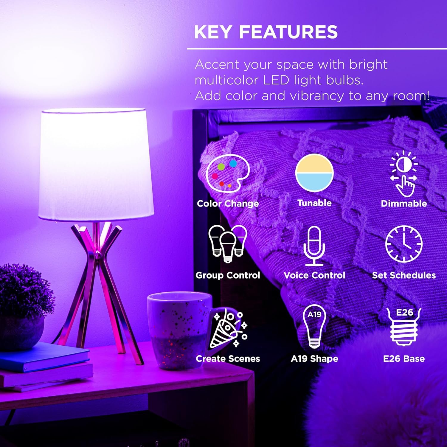 A19 Color Changing Light Bulbs - 2-Pack, Dimmable, Compatible with Alexa and Google Assistant - Image 3
