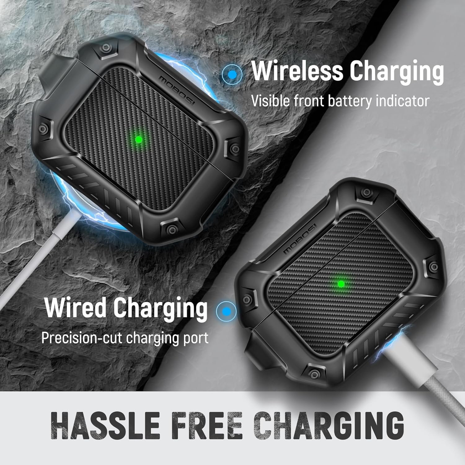 MOBOSI for Airpods Pro Case(2nd/1st Gen), Compatible with MagSafe, Carbon Fiber AirPods Pro 2nd Generation Case, Magnetic Lid, Hard Shell Protective Case Cover with Keychain(2023/2022/2019), Black - Image 5