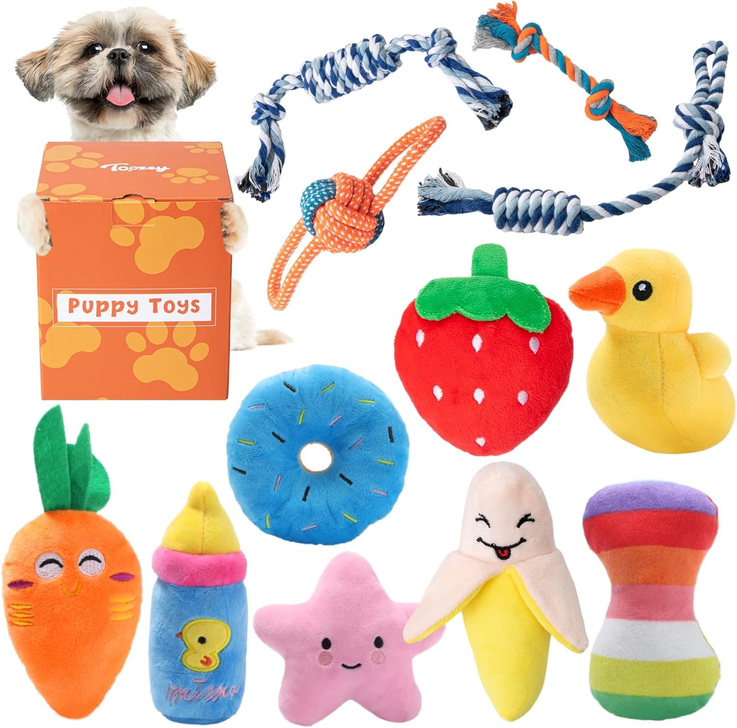 Toozey 12 Pack Puppy Teething Toys for Small Dogs - Plush Squeaky & Rope Chew Set Bundle, Safe Durable and Non-Toxic for Interactive Play and Dental Health - Image 2