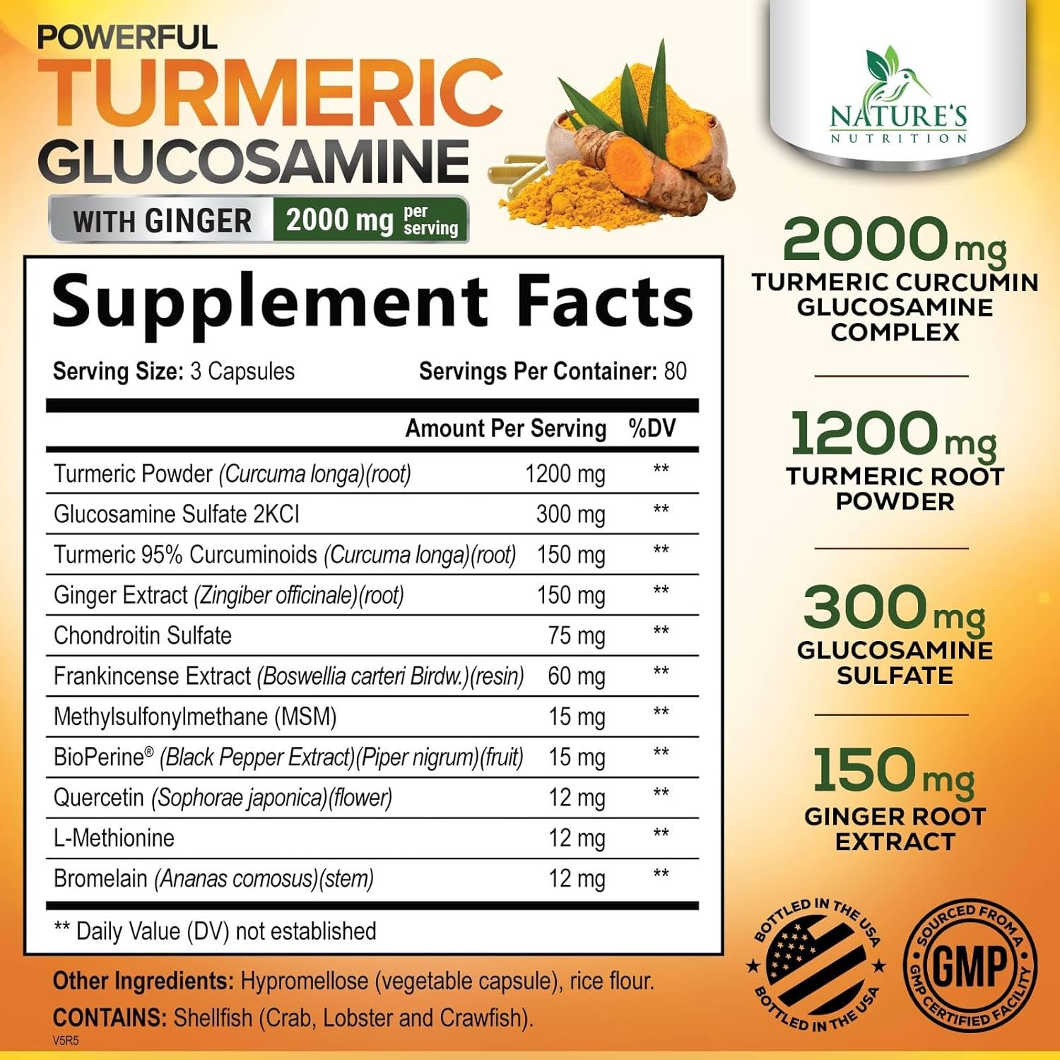Turmeric Curcumin with BioPerine, Ginger & Glucosamine 95% Curcuminoids 2000mg Black Pepper for Max Absorption Joint Support, Nature's Tumeric Herbal Extract Supplement, Vegan, Non-GMO - 240 Capsules - Image 3