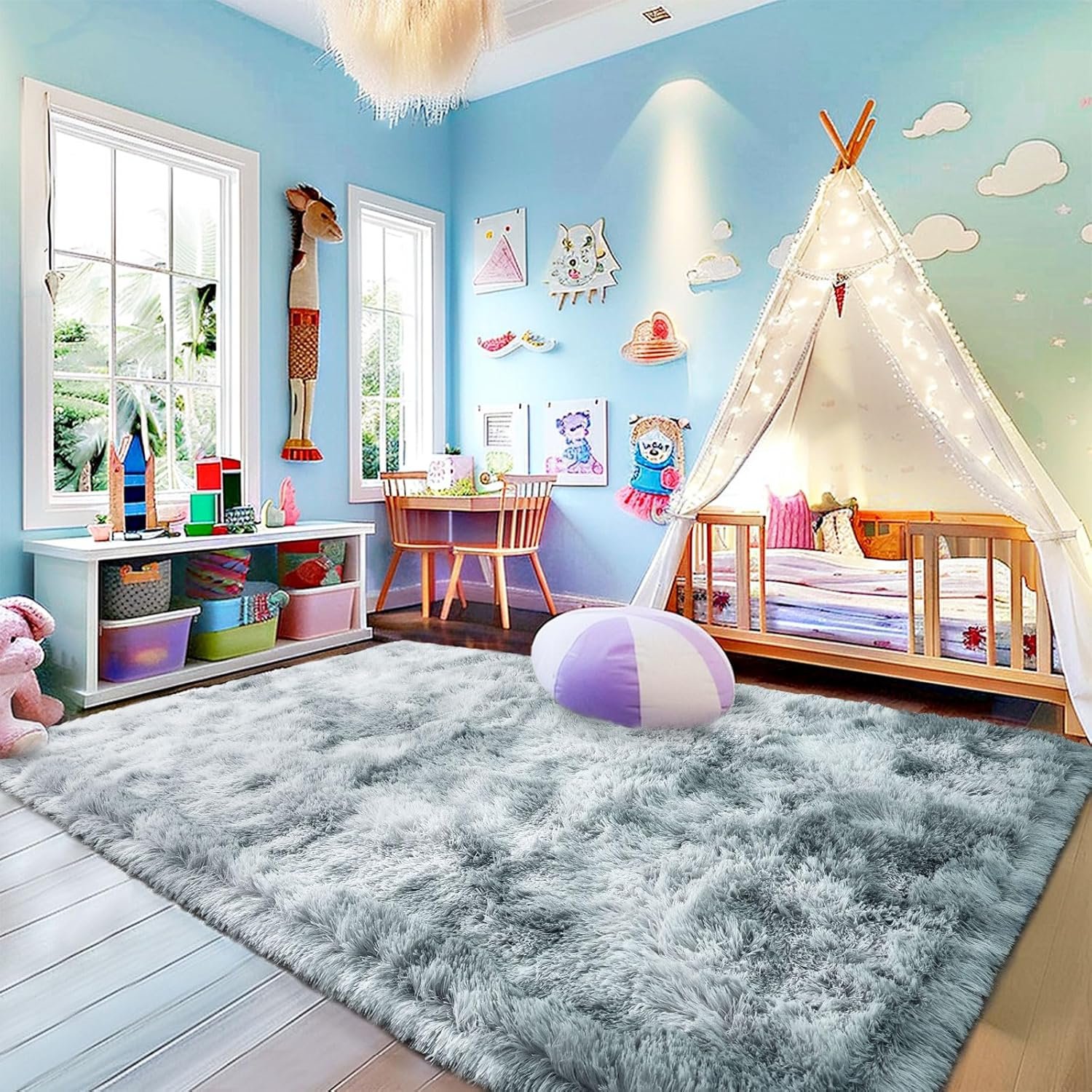 Fluffy Rug for Living Room Shaggy Soft Area Rug Plush Area Rugs for Bedroom Room Tie-Dyed Silver Grey Fuzzy Rug, Rectangle 4x6 Feet - Image 4