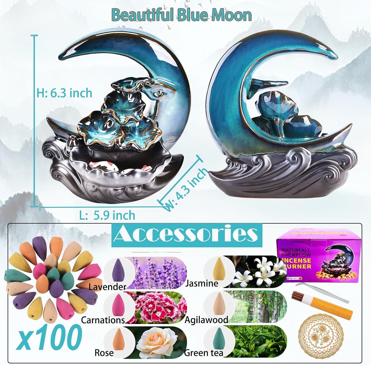 New Moon Backflow Incense Holder, Ceramic Hand-Made Incense Fountain Burner with 100 Backflow Incense Cones,Fragrance Incense Stick,mat,Aromatherapy Home Decoration - Image 3