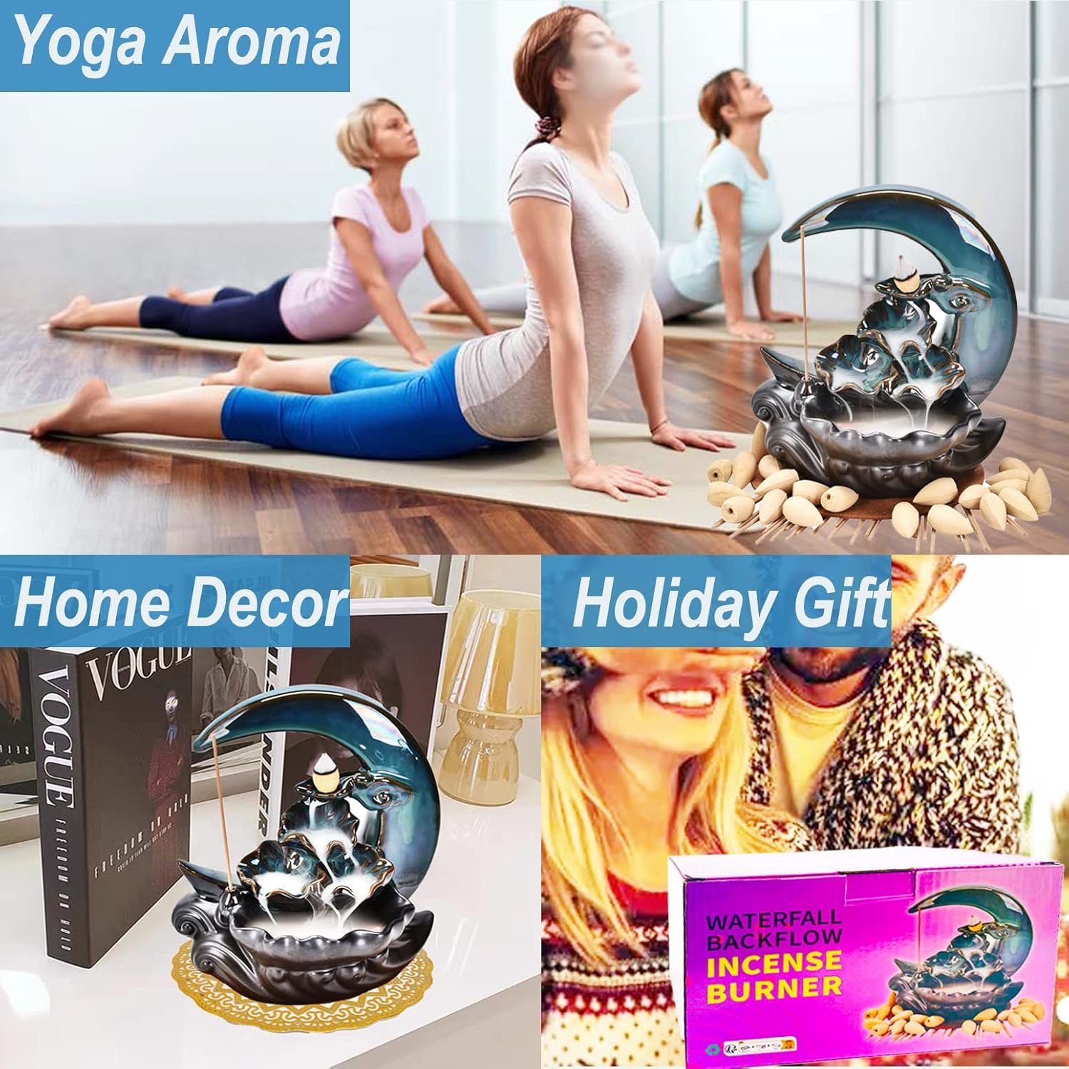 New Moon Backflow Incense Holder, Ceramic Hand-Made Incense Fountain Burner with 100 Backflow Incense Cones,Fragrance Incense Stick,mat,Aromatherapy Home Decoration - Image 7