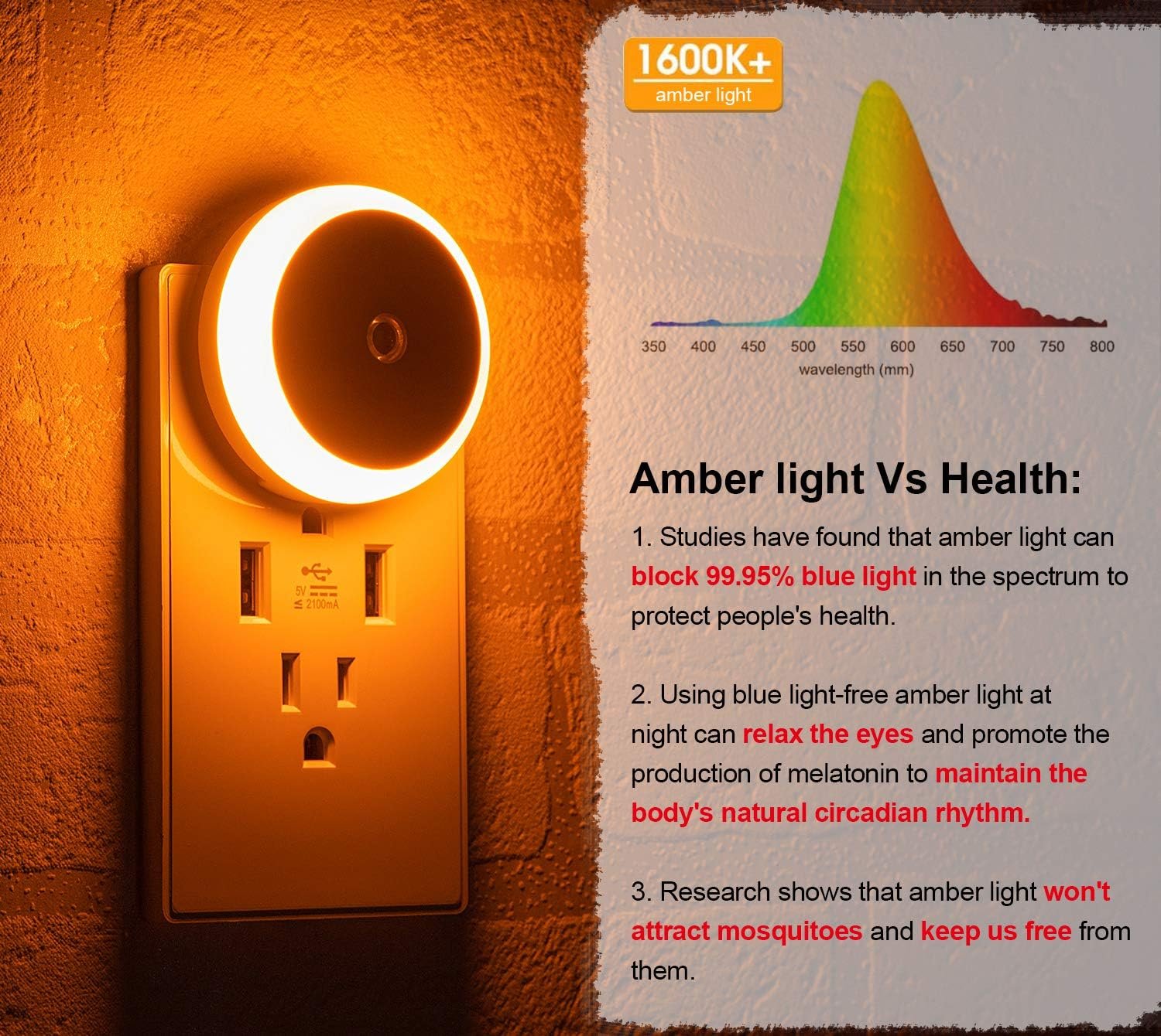 myCozyLite Amber Night Light, Plug in, Small LED Night Light, Dusk to Dawn Sensor, Auto Dim, Energy Efficient, Night Light Plug into Wall for Bedroom, Bathroom, Kitchen, Hallway, 2 Pack - Image 4
