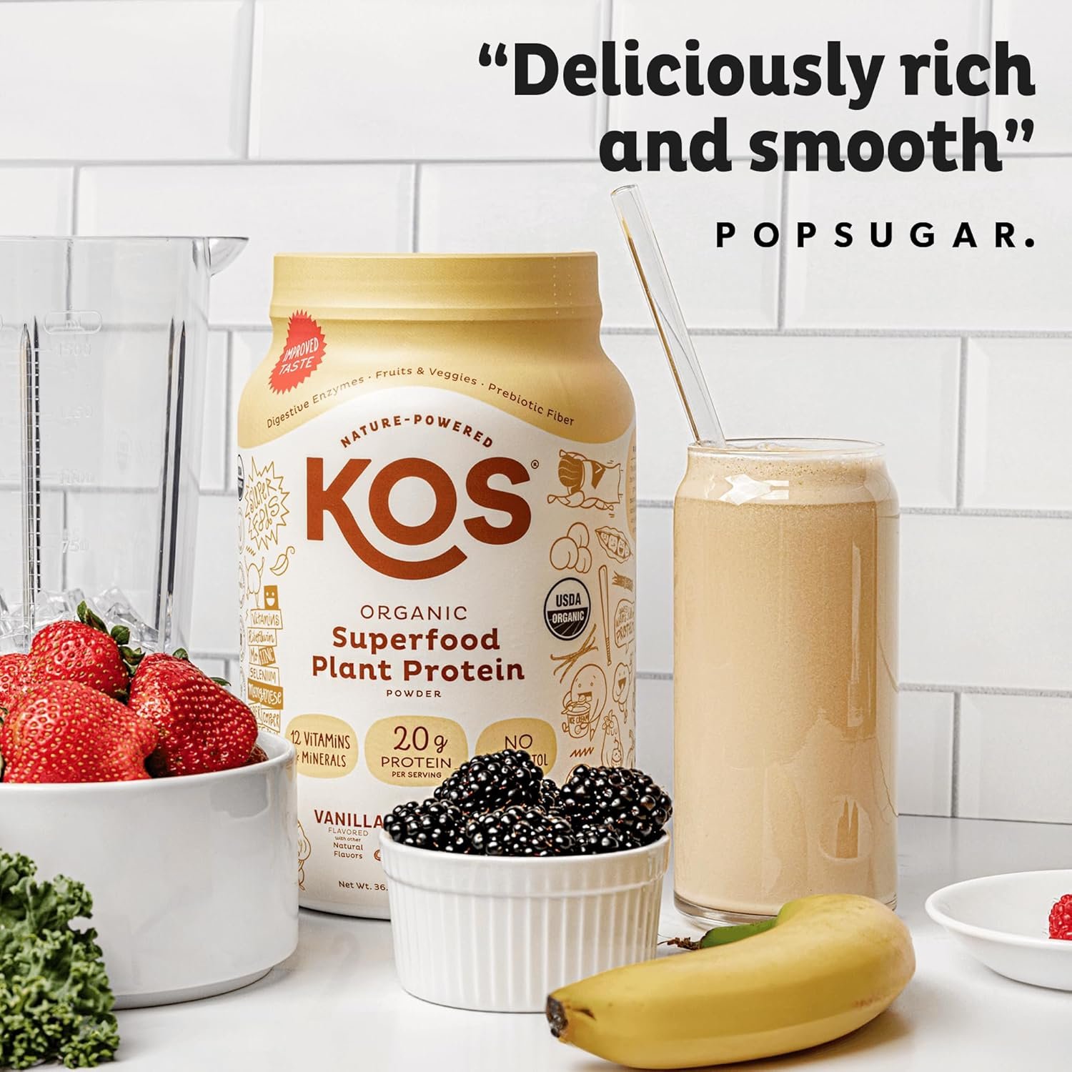 KOS Vegan Protein Powder Erythritol Free, Vanilla USDA Organic - Pea Protein Blend, Plant Based Superfood Rich in Vitamins & Minerals - Keto, Dairy Free - Meal Replacement for Women & Men, 28 Servings - Image 3