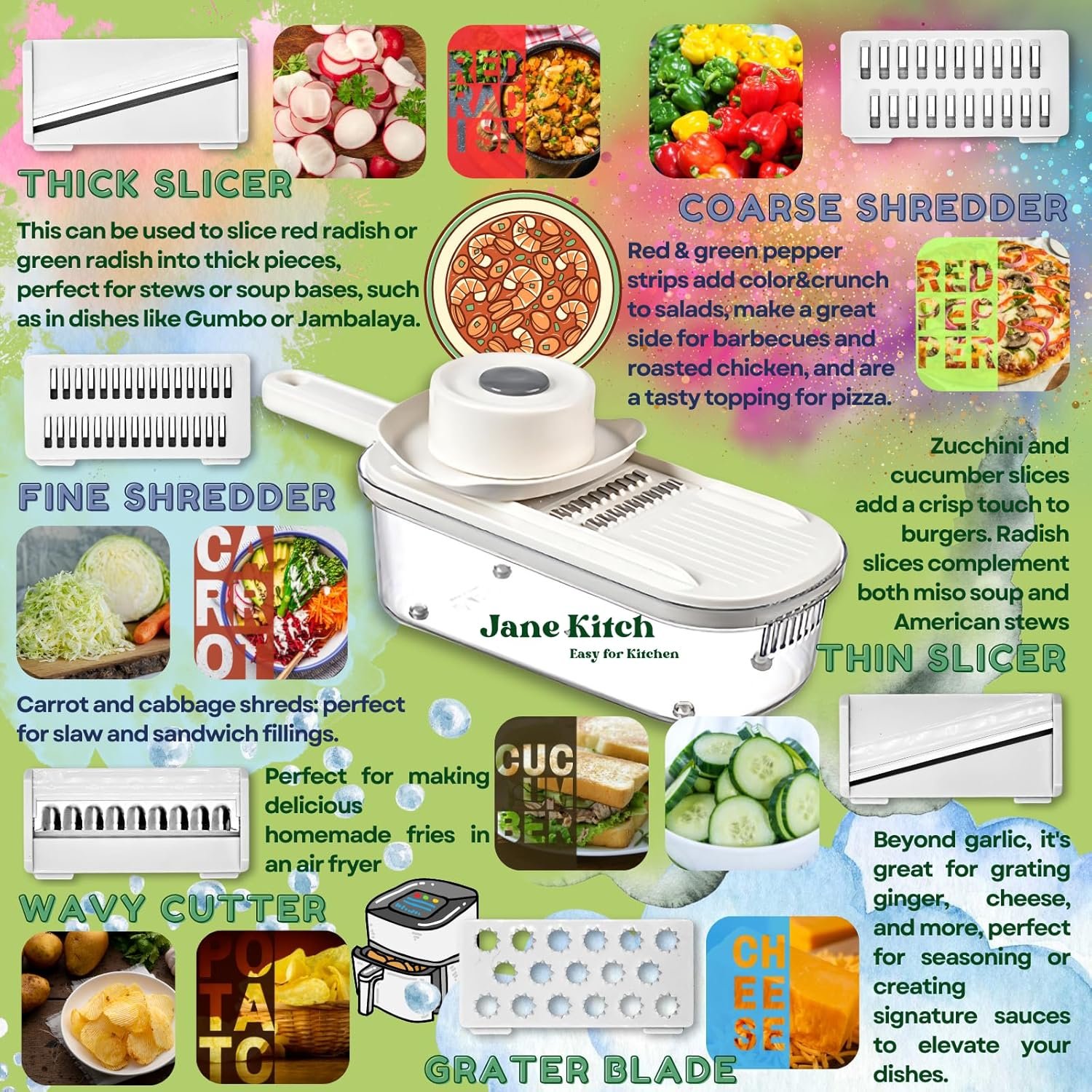 10 Jane Kitch Safe Mandoline Slicer for Kitchen, 6 in 1 Multi Purpose Vegetable Slicer Veggie Slicer Cutter, Potato Slicer, Vegetable Chopper Veggie Chopper with Container and Lid for Salad - Image 4