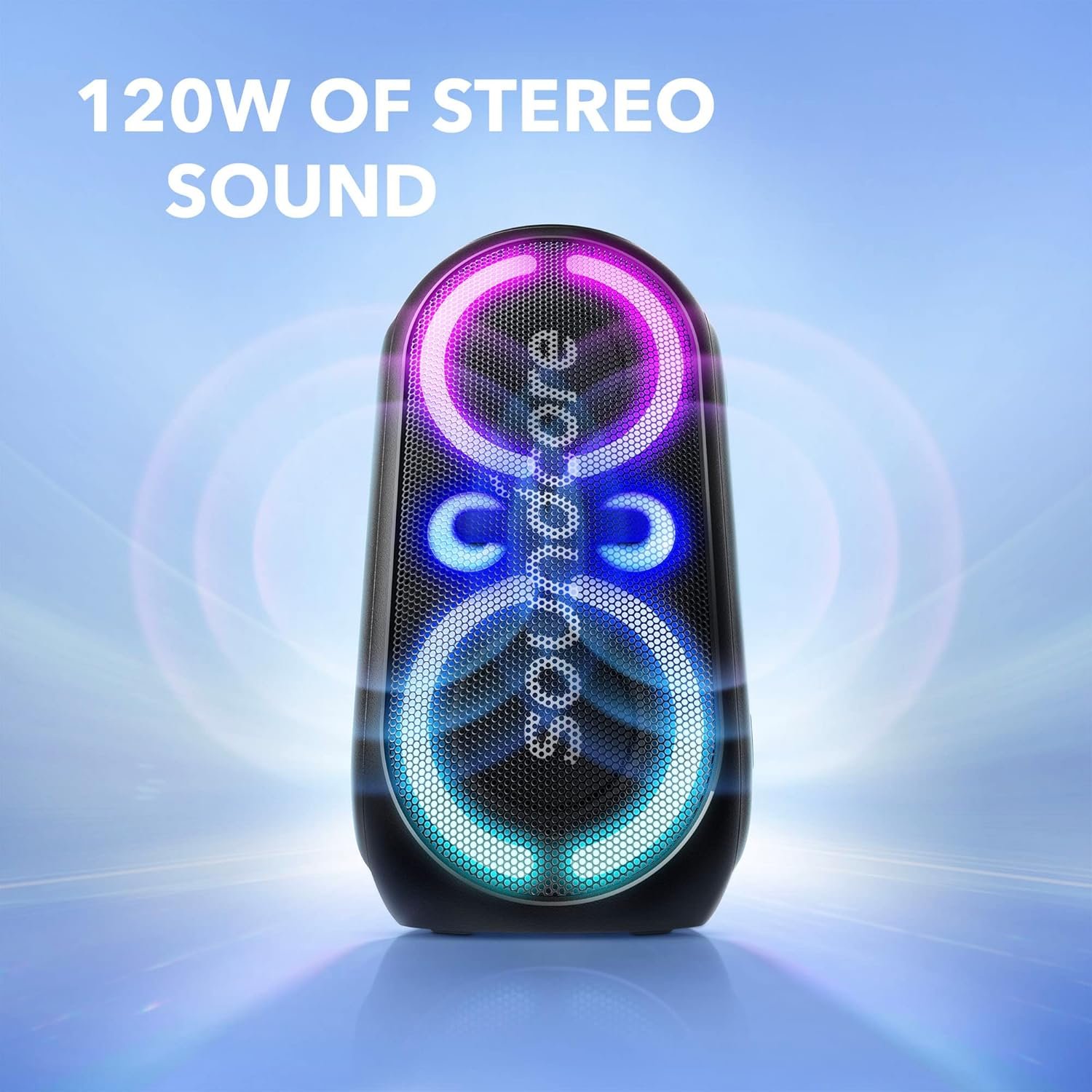 Anker soundcore Rave Party 2 Portable Speaker, 120W Stereo Sound, PartyCast 2.0, Light Show, IPX4 Water-Resistant, 16H Playtime, Mic Input, Custom EQ & Bass Up for Party, Tailgating, Backyard, Pool - Image 3