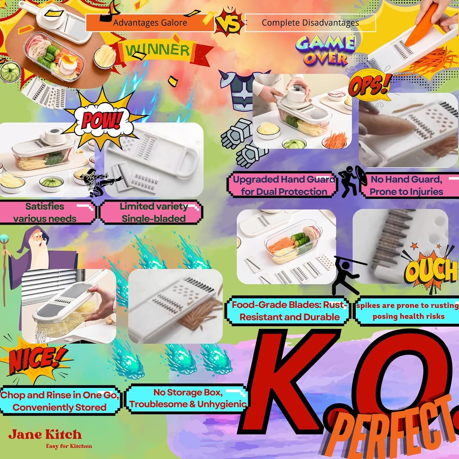 10 Jane Kitch Safe Mandoline Slicer for Kitchen, 6 in 1 Multi Purpose Vegetable Slicer Veggie Slicer Cutter, Potato Slicer, Vegetable Chopper Veggie Chopper with Container and Lid for Salad - Image 7