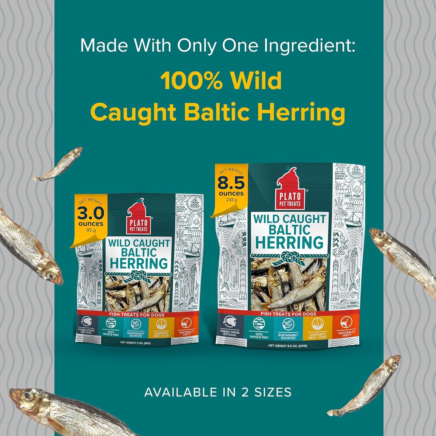 PLATO Pet Treats Fish Dog Treats - Air-Dried, Single Ingredient Dog Treat - with Omega 3 & 6 Fatty Acids to Support Skin and Coat - 100% Whole Fish - Wild Caught Baltic Herring Dog Treats - 3oz - Image 5