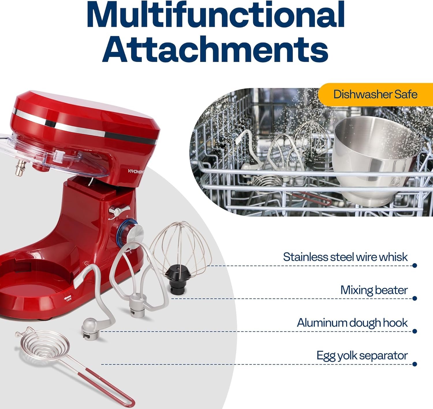 VIVOHOME 4.75 Quart Stand Mixer, 8 Speed Kitchen Electric Food Mixer, Household Stand Mixer for Baking, Cake, Bread with Beater, Dough Hook, Wire Whip and Egg Separator, Red - Image 7