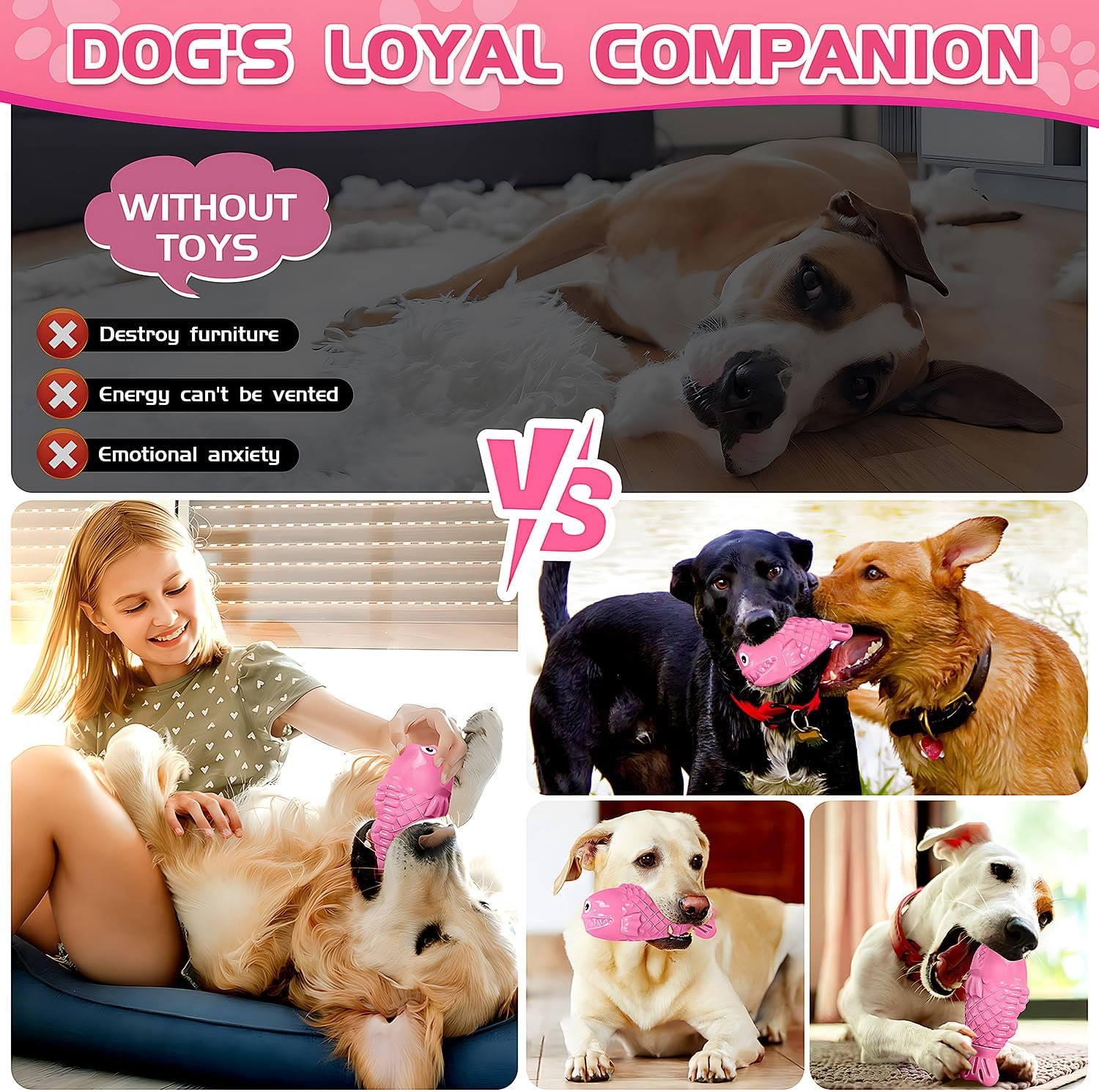 Squeaky Dog Toys for Aggressive Chewers, Treat Dispensing Dog Toys, Tough Indestructible Dog Chew Toys for Large Medium Breed, Interactive Durable Nylon Bone Dog Toys to Keep Them Busy(Pink) - Image 7