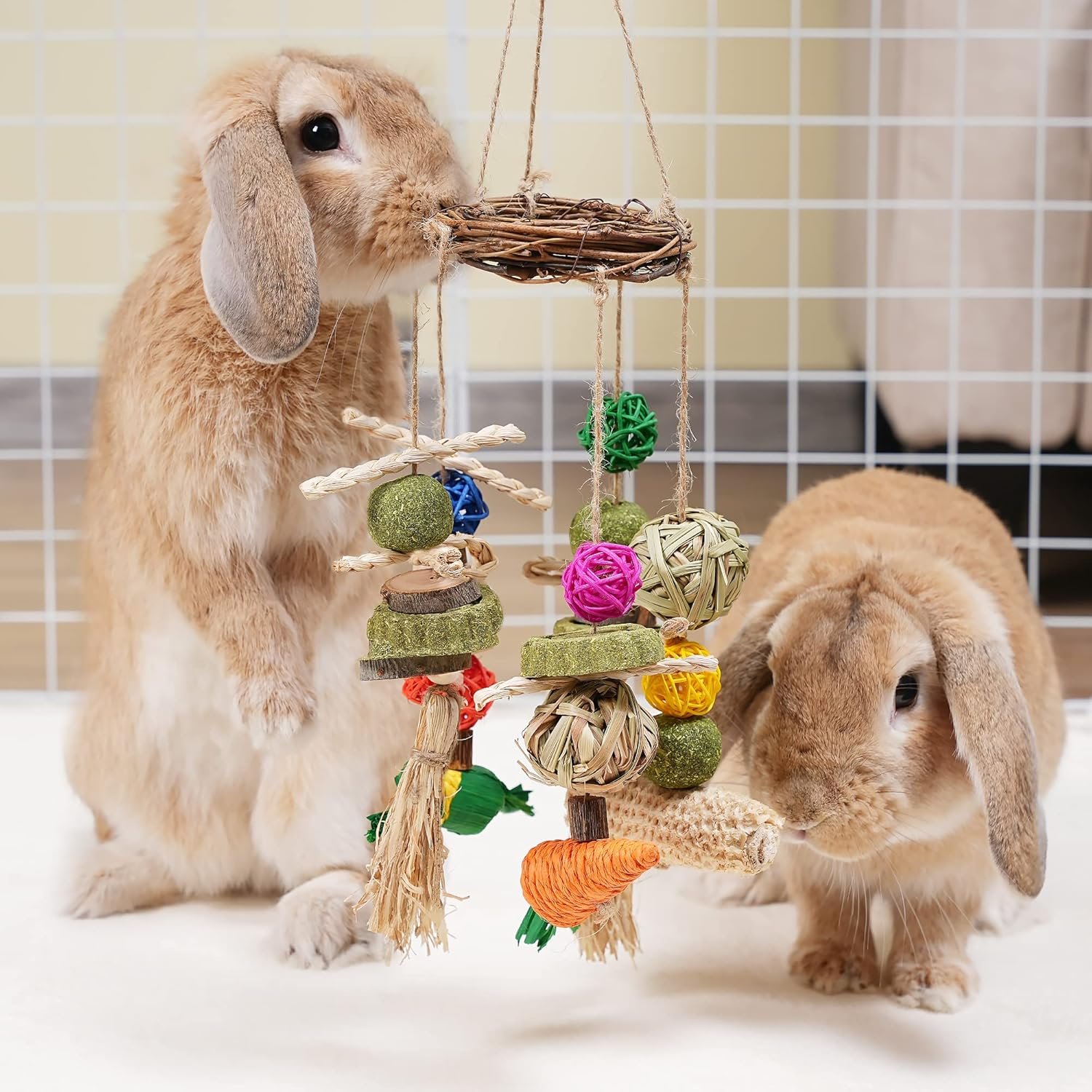 Rabbit Chew Toys for Teeth, Bunny Cage Hanging Chew Toys and Treats for Rabbits, Rattan Ring with Snacks for Guinea Pigs Hamsters Chinchillas Rats Gerbils and Other Small Pets Teeth Grinding - Image 3