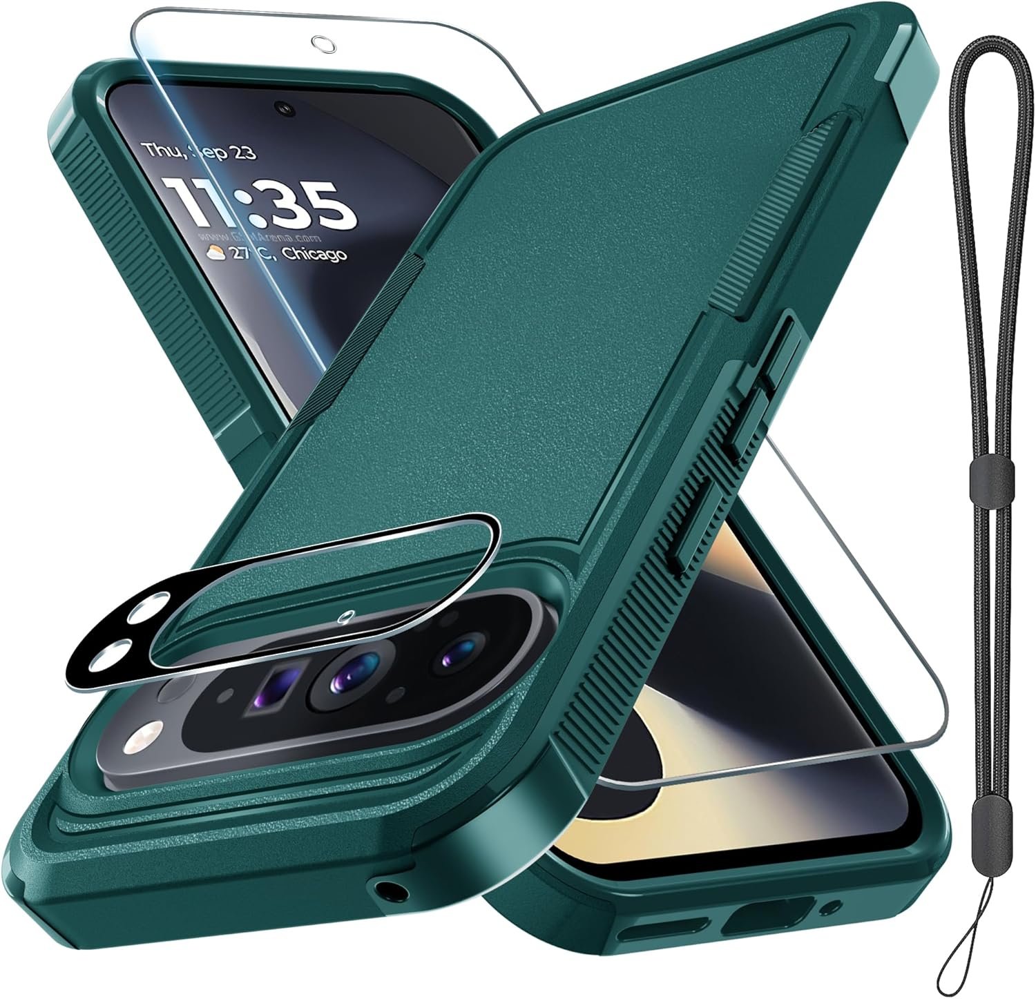 RMOCR Case for Google Pixel 9 Pro XL, Full Body Heavy Duty Rugged Shockproof Protective Phone Cover with Lanyard Strap, Tempered Glass Screen Protector and Camera Lens Cover, Dark Green - Image 2