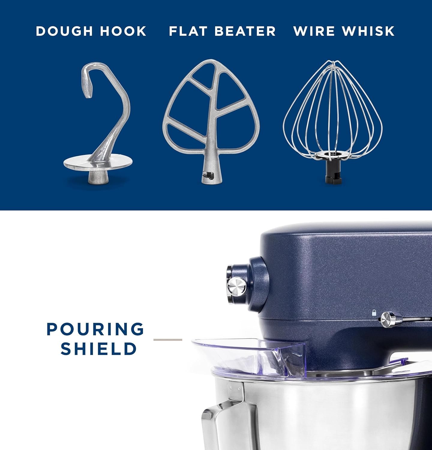 GE Tilt-Head Electric Stand Mixer | 7-Speed, 350-Watt Motor | Includes 5.3-Quart Bowl, Flat Beater, Dough Hook, Wire Whisk & Pouring Shield | Countertop Kitchen Essentials | Sapphire Blue - Image 4