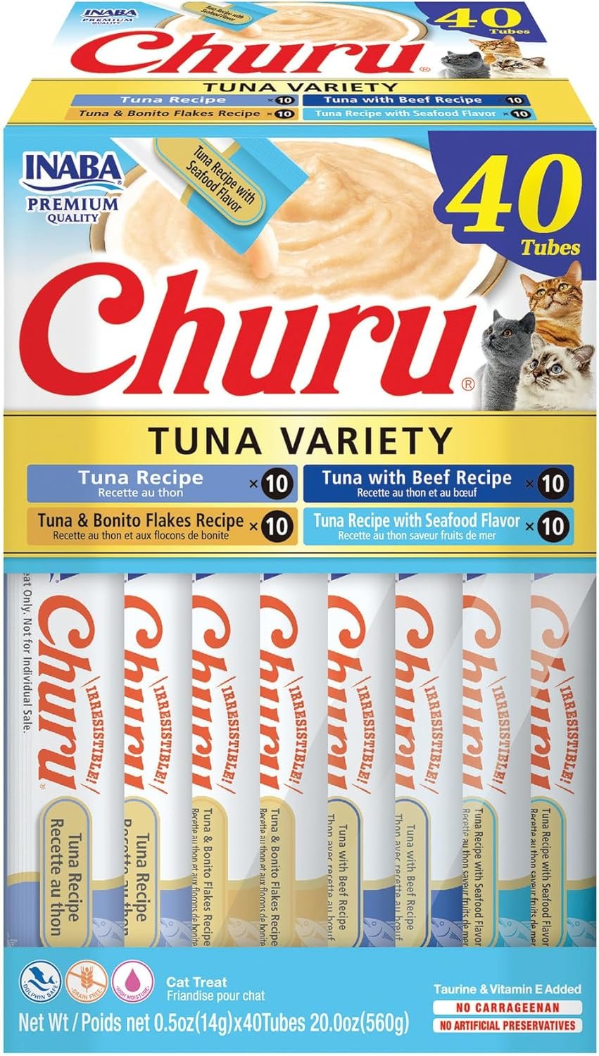 INABA Churu Cat Treats, Grain-Free, Lickable, Squeezable Creamy Purée Cat Treat/Topper with Vitamin E & Taurine, 0.5 Ounces Each Tube, 40 Tubes, Tuna Variety Box - Image 2