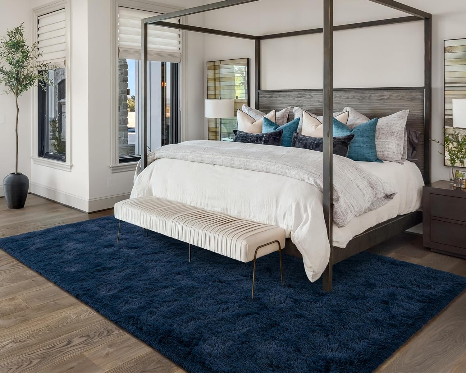 Softlife Rug for Bedroom 4x5.3 Feet Area Rug for Living Room Soft Shaggy Rugs for Kids Room Fluffy Fuzzy Carpet Long Plush Bedside Rug Nursery Christmas Home Christmas Decor for Boys Girls, Navy Blue - Image 4