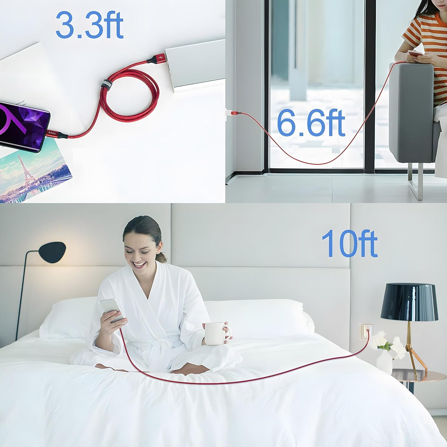 AkoaDa USB C Cable, 3-Pack (10ft+6.6ft+3.3ft) 3.1A USB A to USB-C Fast Charger Cord Compatible with iPhone 16 15 Pro Max Samsung Galaxy S24 S23 S22 S20 Note S21 S20 Plus iPad 10 Air 5 4 Mini 6 LG Moto - Image 8