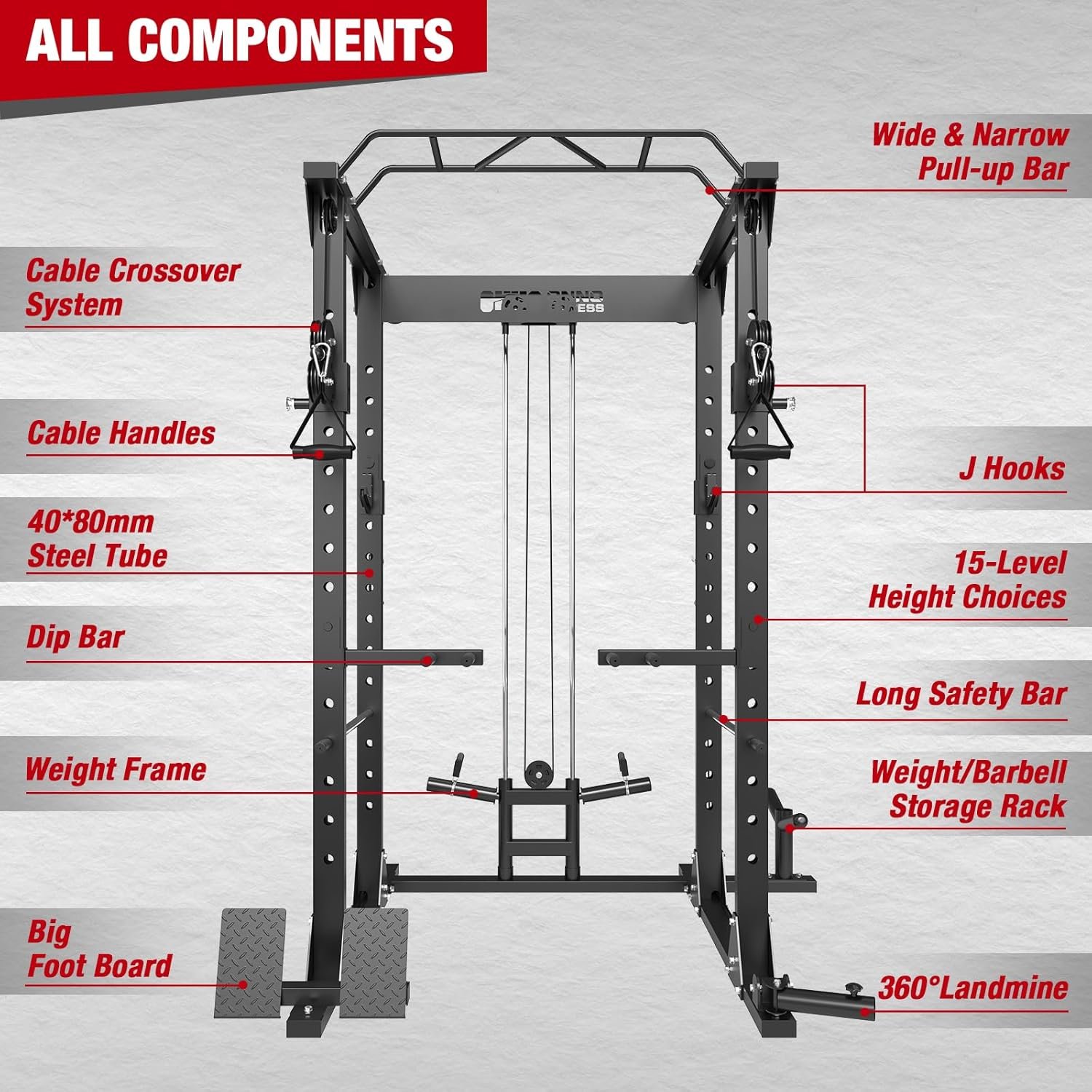 ONNO Power Cage,1500LBS Power Rack with Adjustable Cable Crossover System,Multi-Function Workout Cage,Squat Rack for Home Gym F2 and More Training Attachment - Image 6