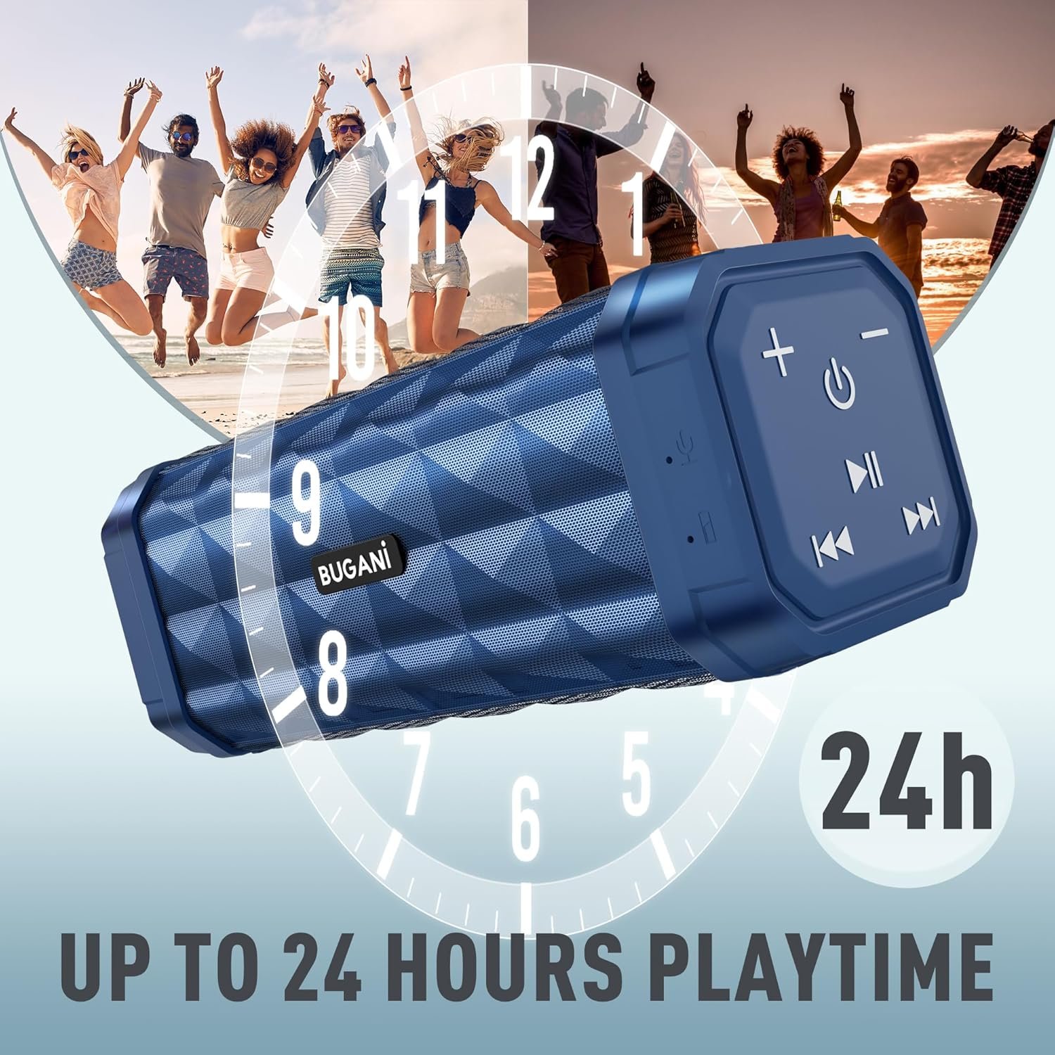 BUGANI Bluetooth Speaker Portable Wireless Speaker, 100ft Wireless Range, Louder Volume, Stereo Sound, Amazing Bass 24H Playtime, IPX5, Built-in Mic, Waterproof Speaker for Home, Outdoor, Blue - Image 5