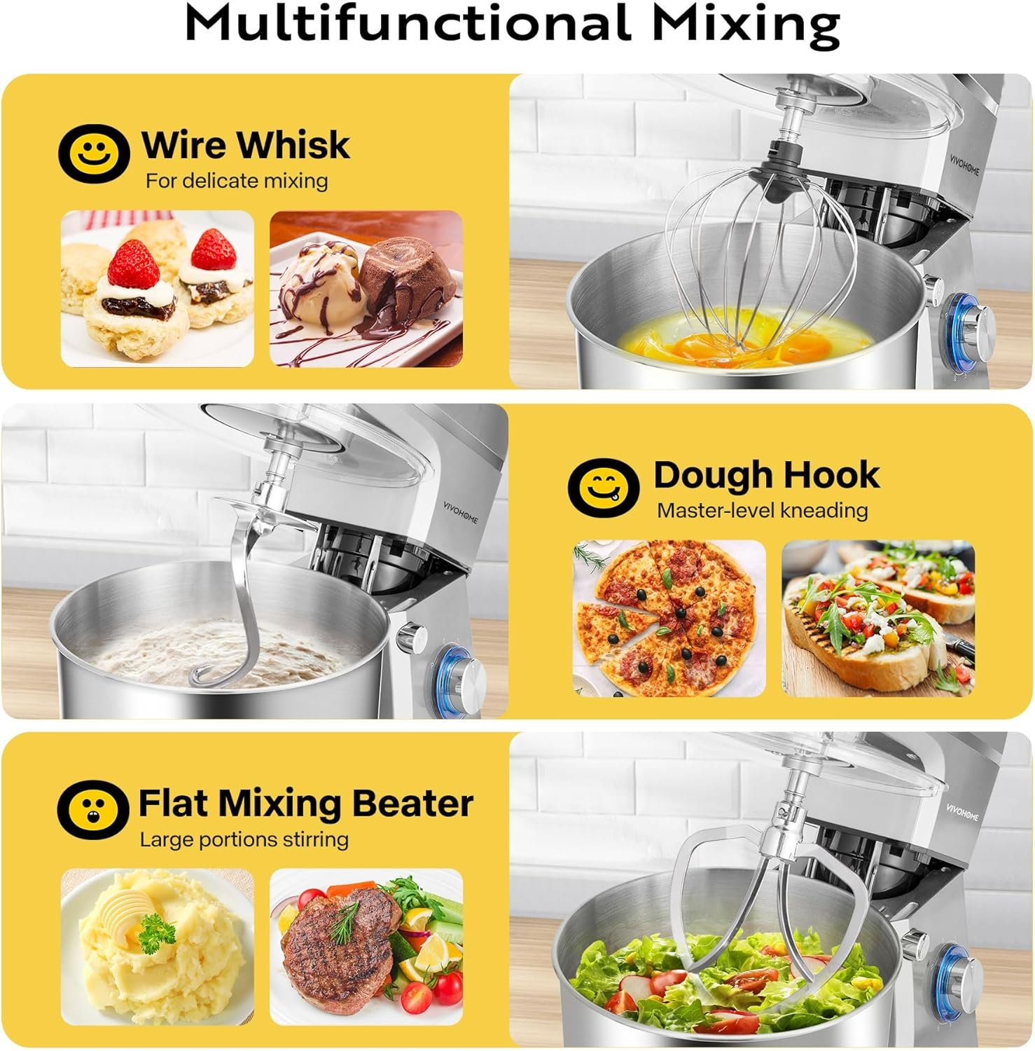 VIVOHOME 7.5 Quart Stand Mixer, 660W 6-Speed Tilt-Head Kitchen Electric Food Mixer with Beater, Dough Hook, Wire Whip, and Egg Separator, Silver - Image 4