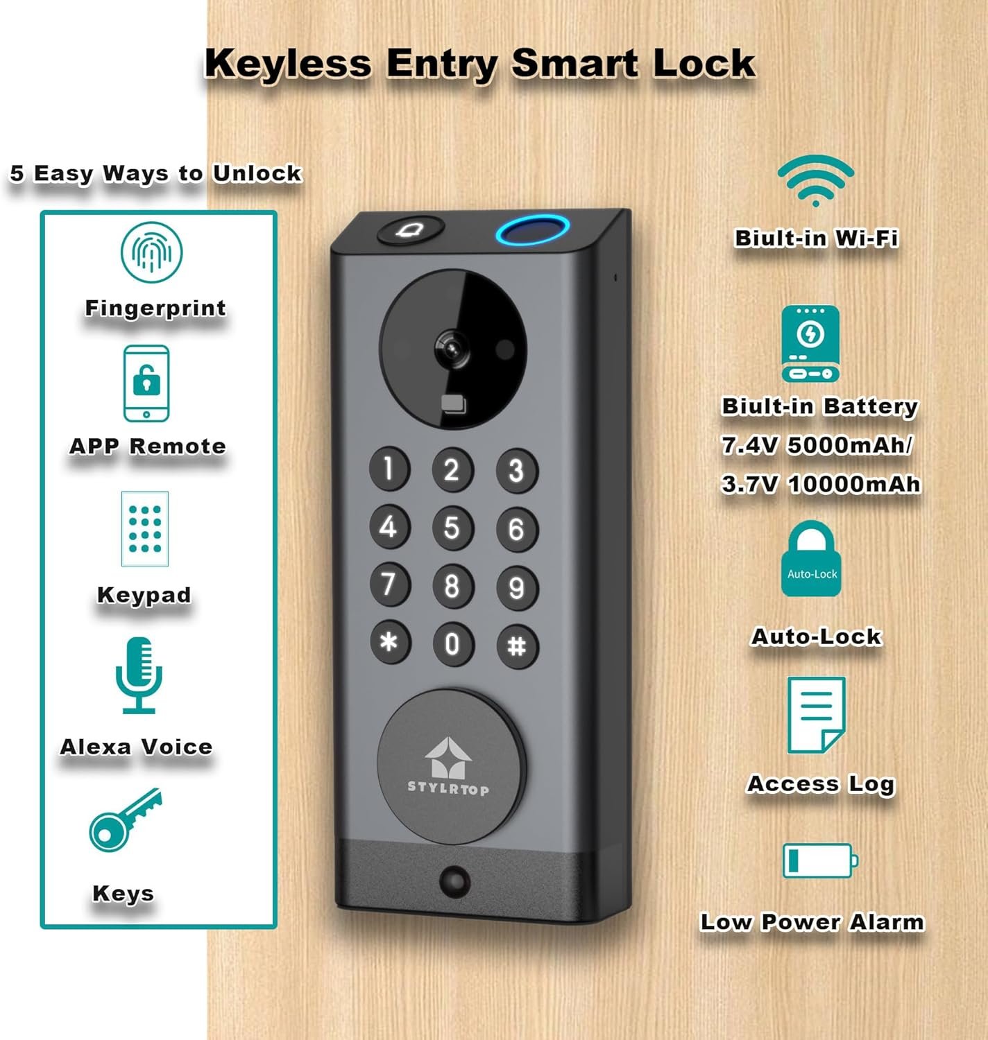 Camera Smart Lock, 3-in-1 Camera+Doorbell+Fingerprint Keyless Entry, Built-in Wi-Fi,Support Alexa, App Remote Control, Intercom,HD 2K, Deadbolt (Black) - Image 4