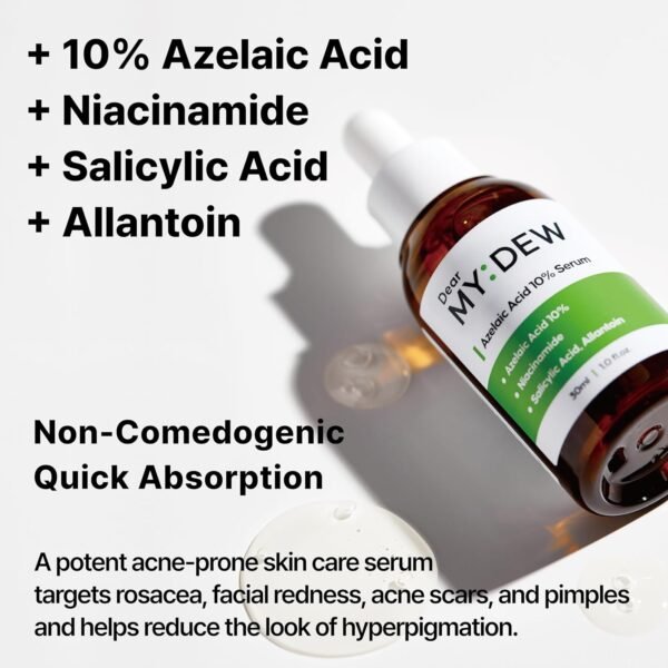 10% Azelaic Acid Serum with Niacinamide, Salicylic Acid, Allantoin, Rosacea Treatment for Face Redness Relief, Reduce Cystic Acne Scar, Pimples, Non-Comedogenic, Korean Skincare, 1Fl Oz - Image 3